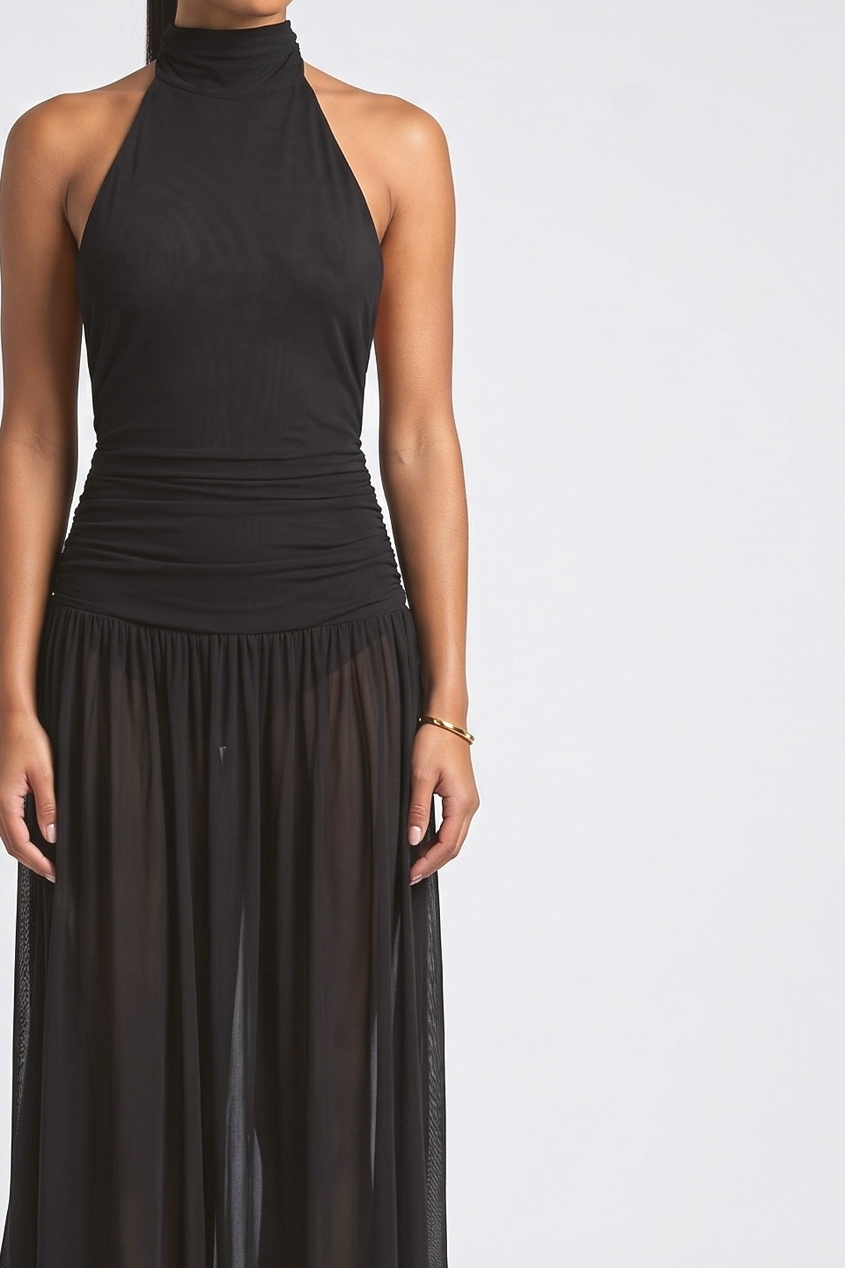 Mesh Halter Neck Ruffle Maxi Dress, fabric detail