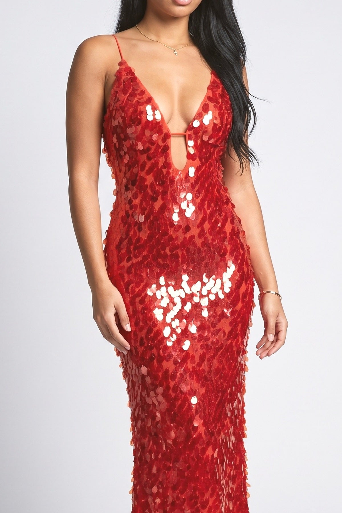 Red Sequin Maxi Dress, fabric detail