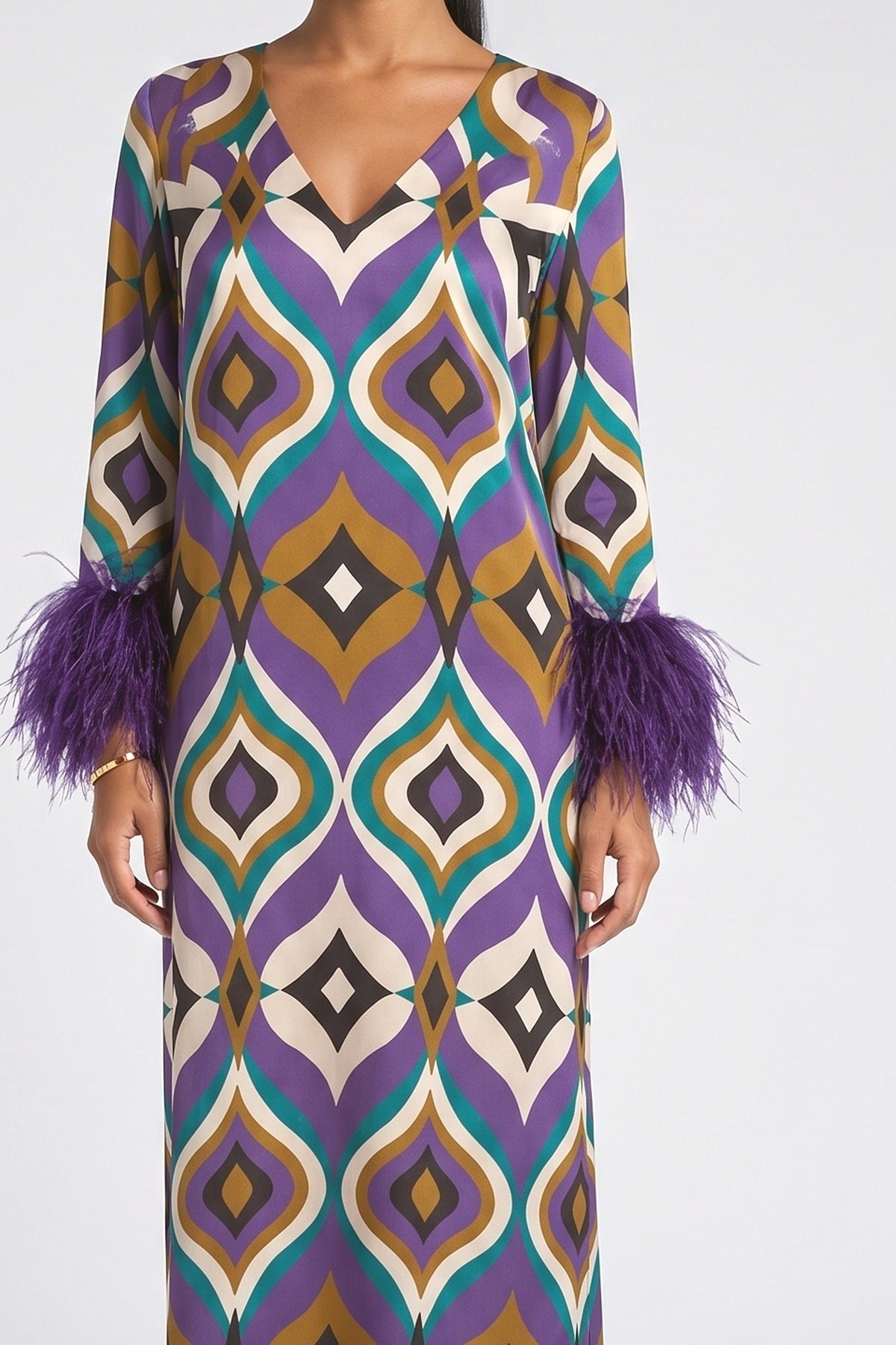 Purple Geometric Satin Feather Trim Maxi Dress, fabric detail