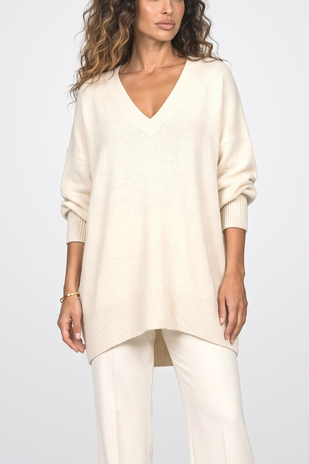 Knit V-Neck Draped Pullover Sweater, fabric detail