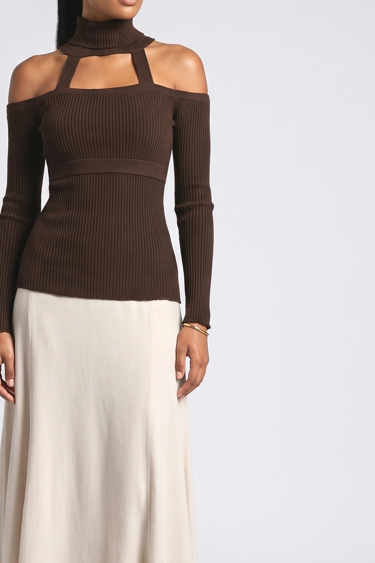 Brown High Neck Cutout Outfit Set, fabric detail