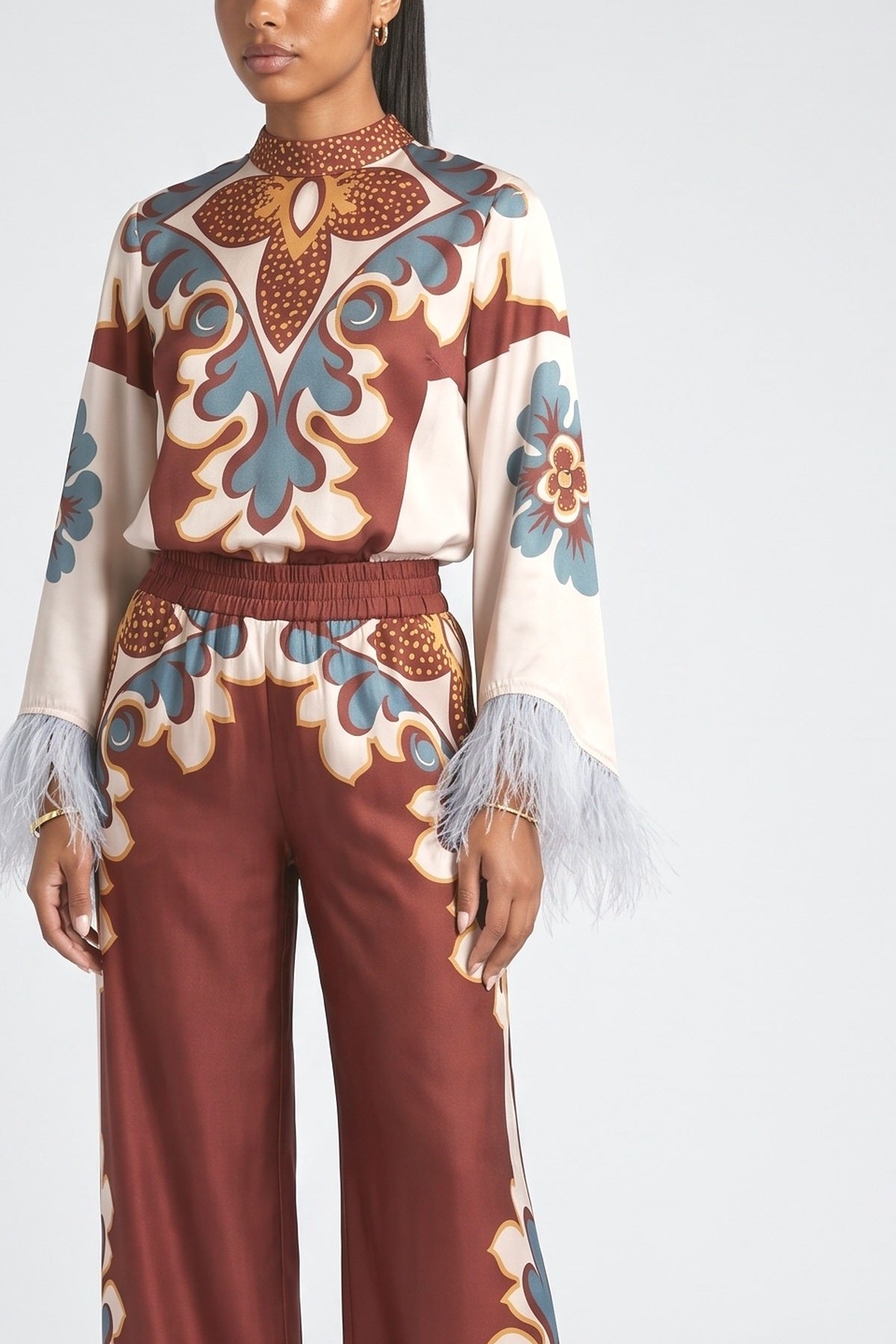 Brown Satin Feather Trim Outfit Set, fabric detail