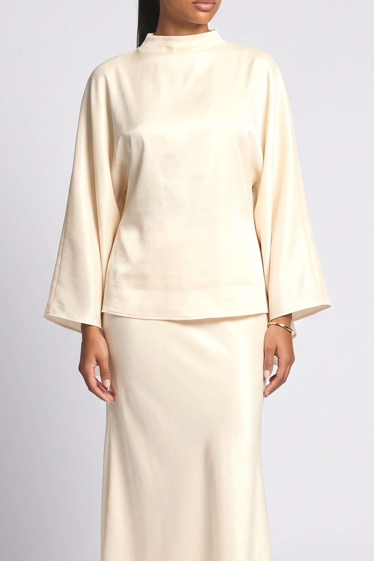 Shimmer Satin Batwing Sleeve Top & Maxi Skirt Two-Piece Set, fabric detail