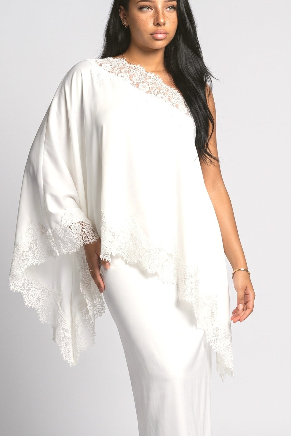 Satin Lace Shawl & Maxi Skirt Two-Piece Set, fabric detail