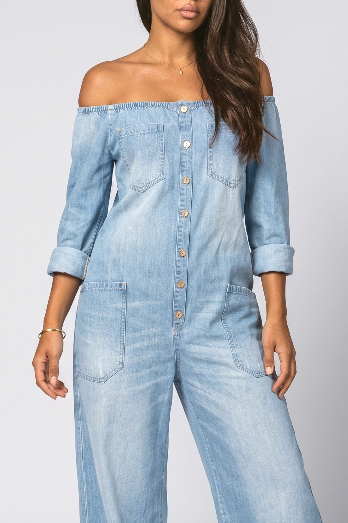 Denim Off-Shoulder Jumpsuit, fabric detail