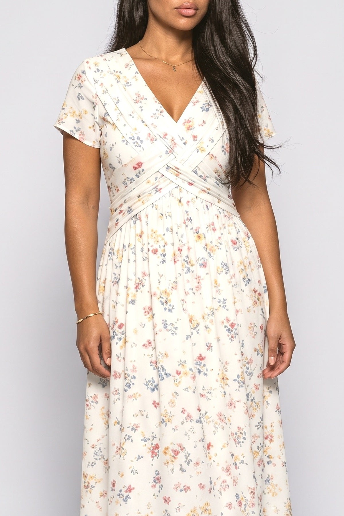 V-Neck Floral Midi Dress, fabric detail