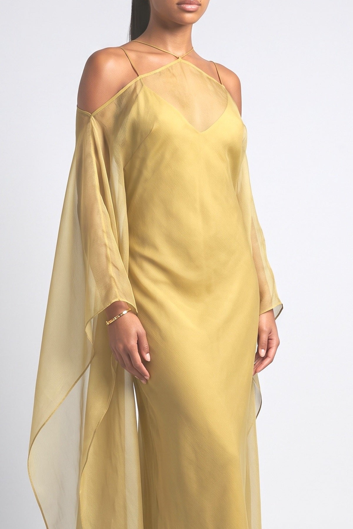 Green Chiffon Cape Maxi Dress, fabric detail