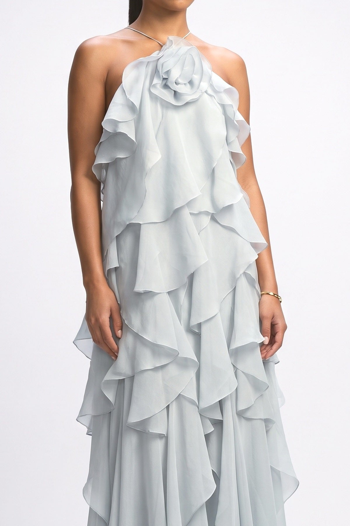 3D Flower Ruffle Halter Maxi Dress, fabric detail