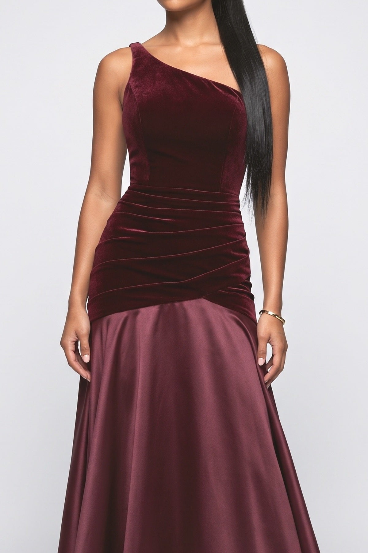 Red Satin Ruched Maxi Dress, fabric detail