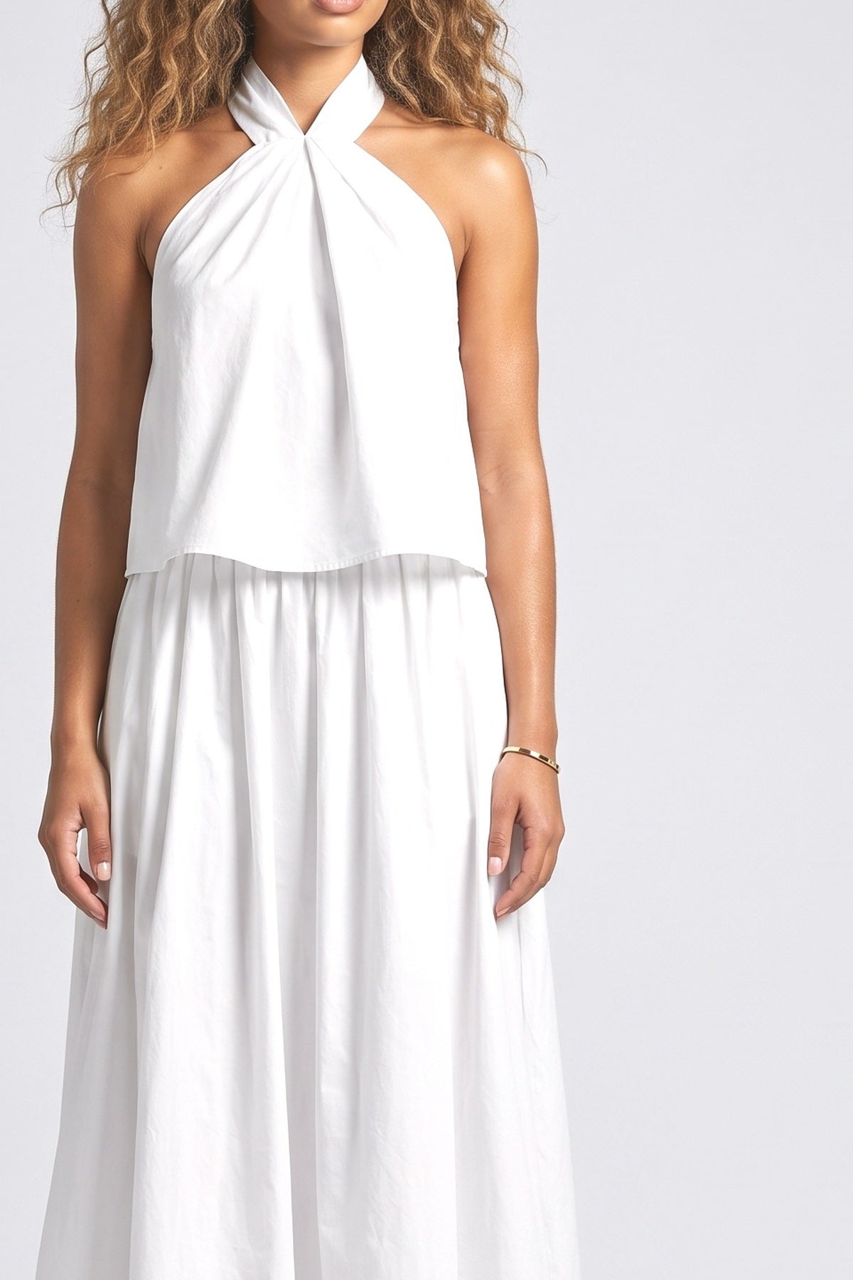 White Halter Neck Outfit Set, fabric detail