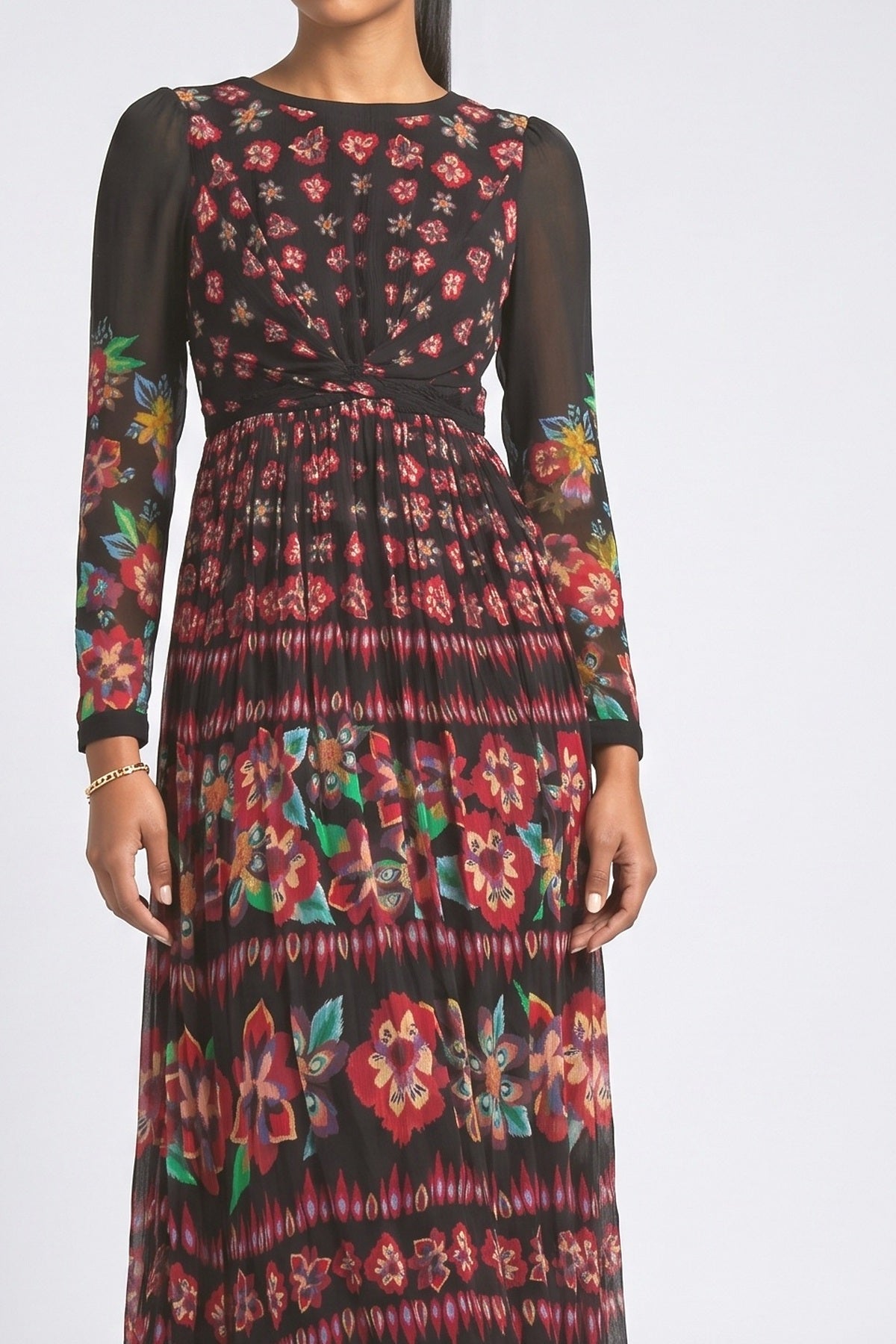 Black Floral Pleated Maxi Dress, fabric detail