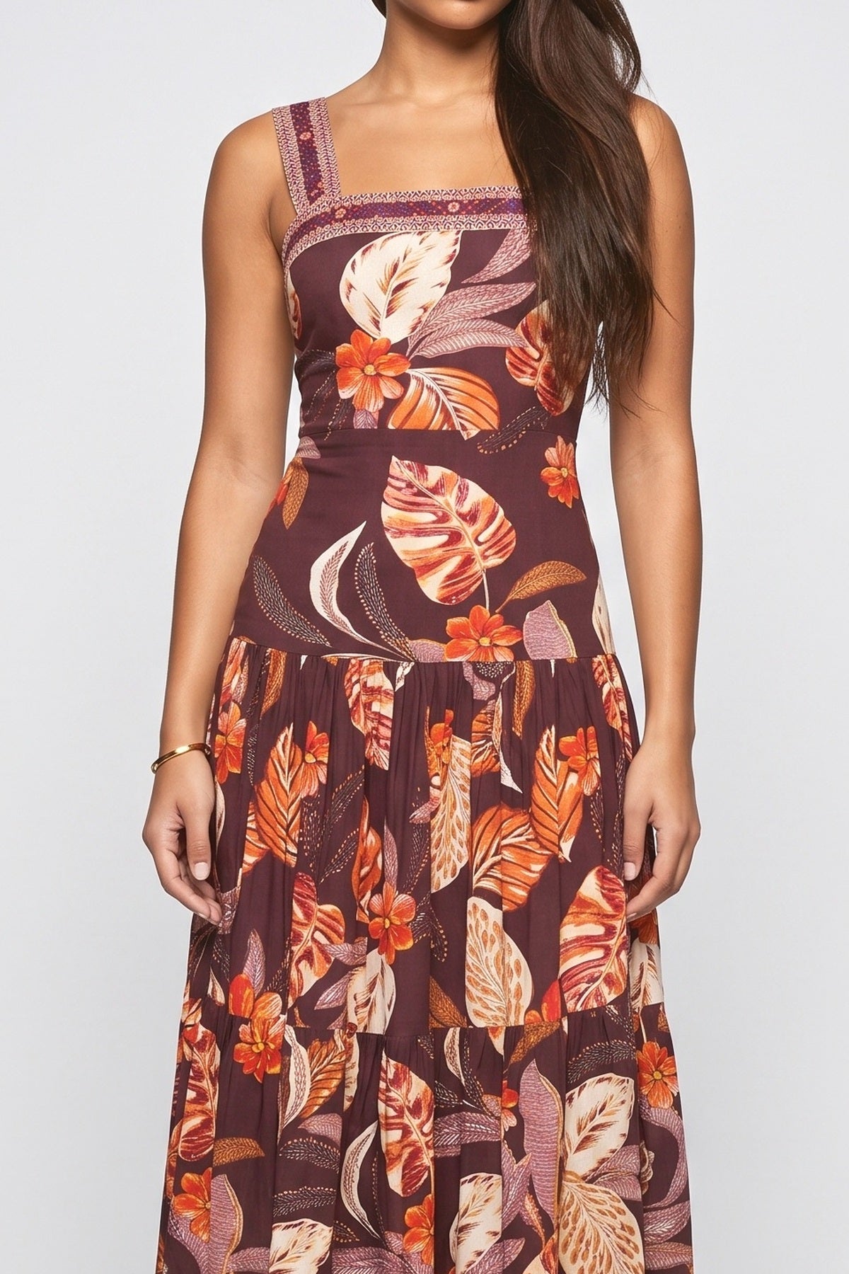 Purple Tropical Square Neck Tiered Maxi Dress, fabric detail