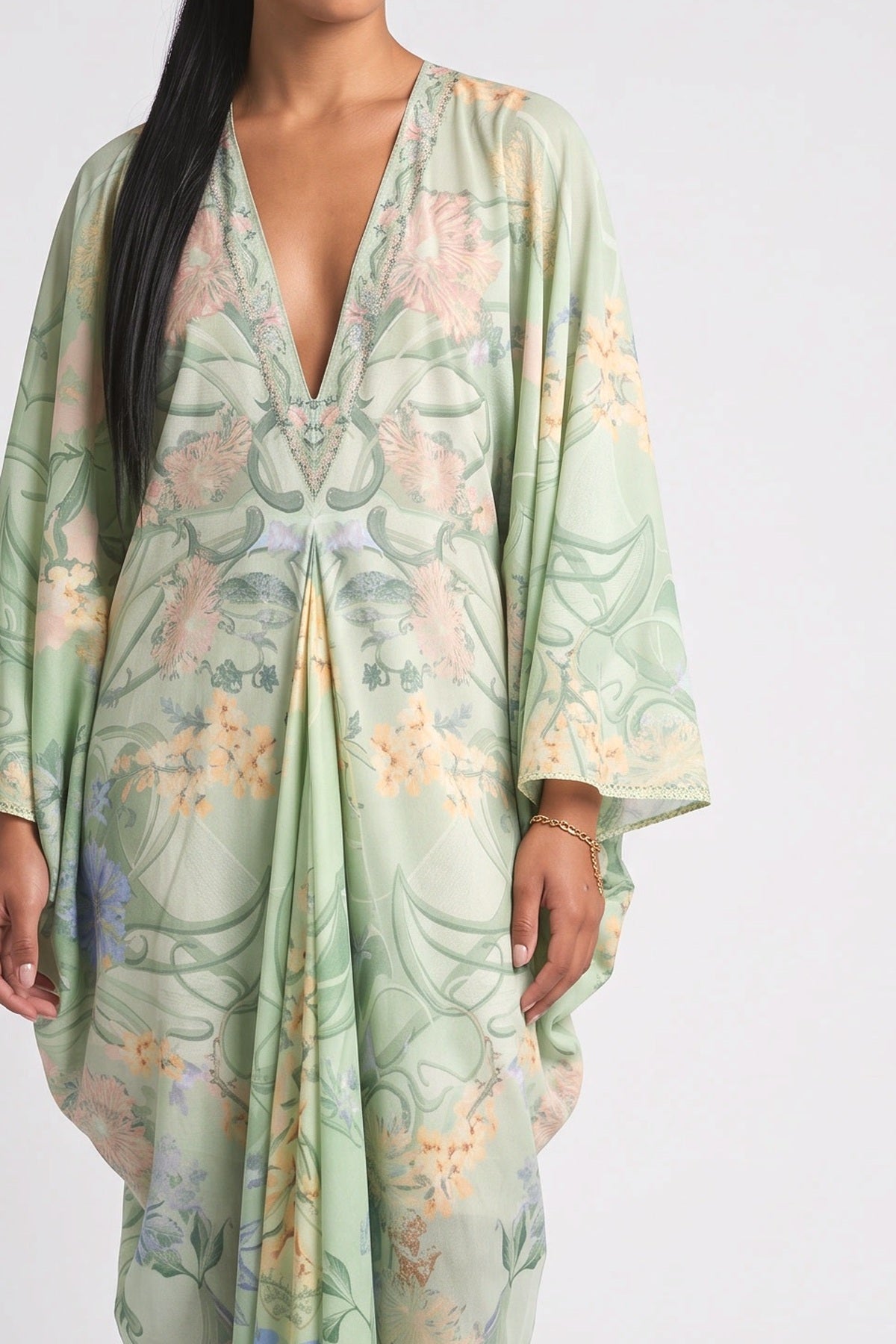 Green Floral V-Neck Oversized Midi Dress, fabric detail