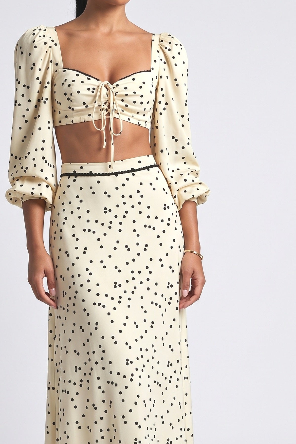 Beige Polka Dot Outfit Set, fabric detail