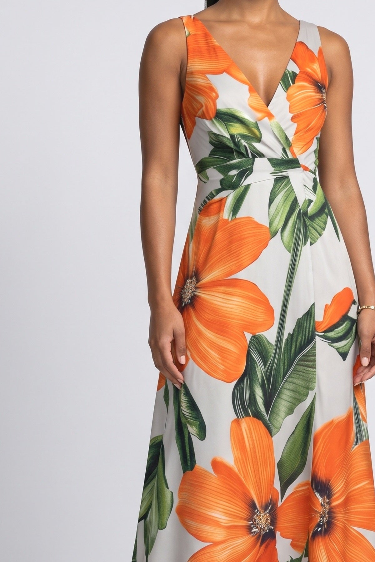 Floral V-Neck Sleeveless A-Line Maxi Dress, fabric detail