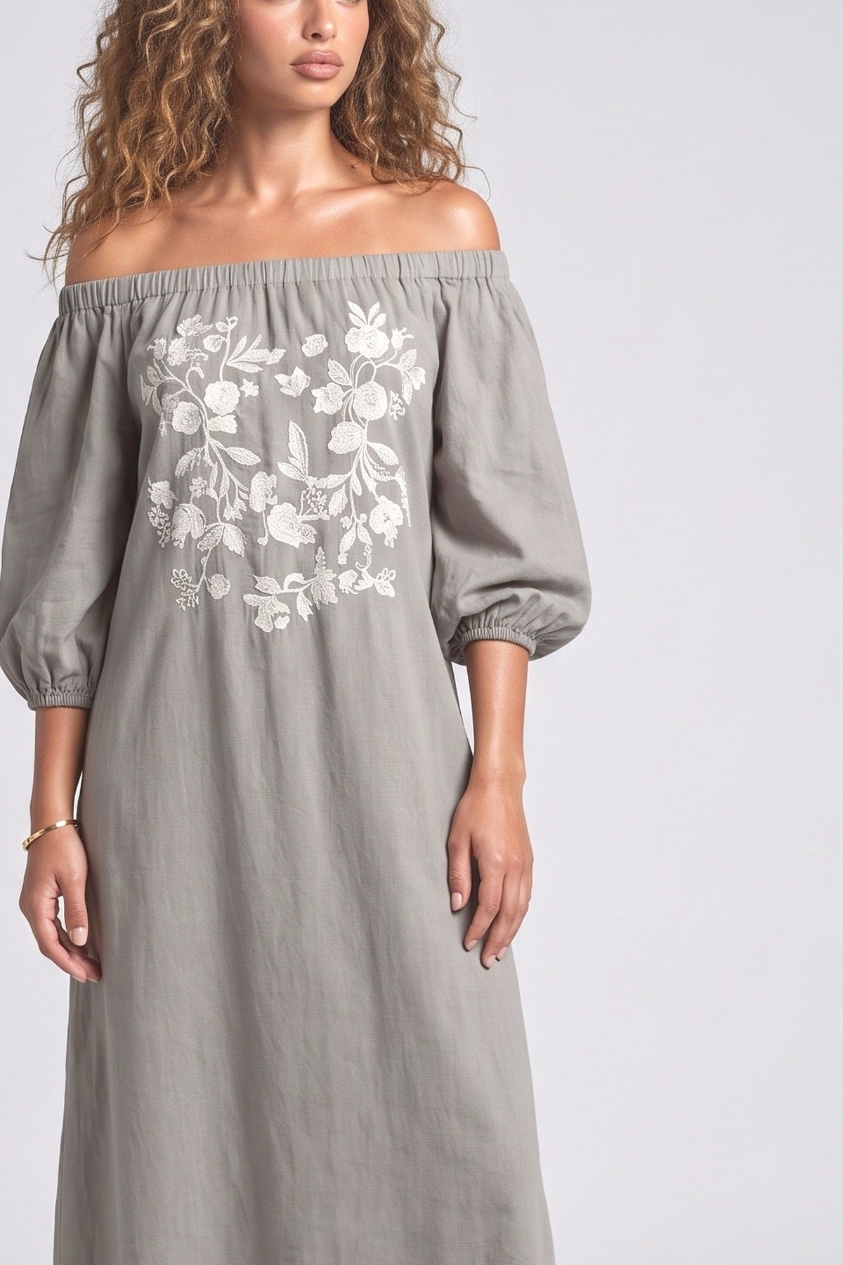 Bohemian Floral Embroidered Off-Shoulder Maxi Dress, fabric detail
