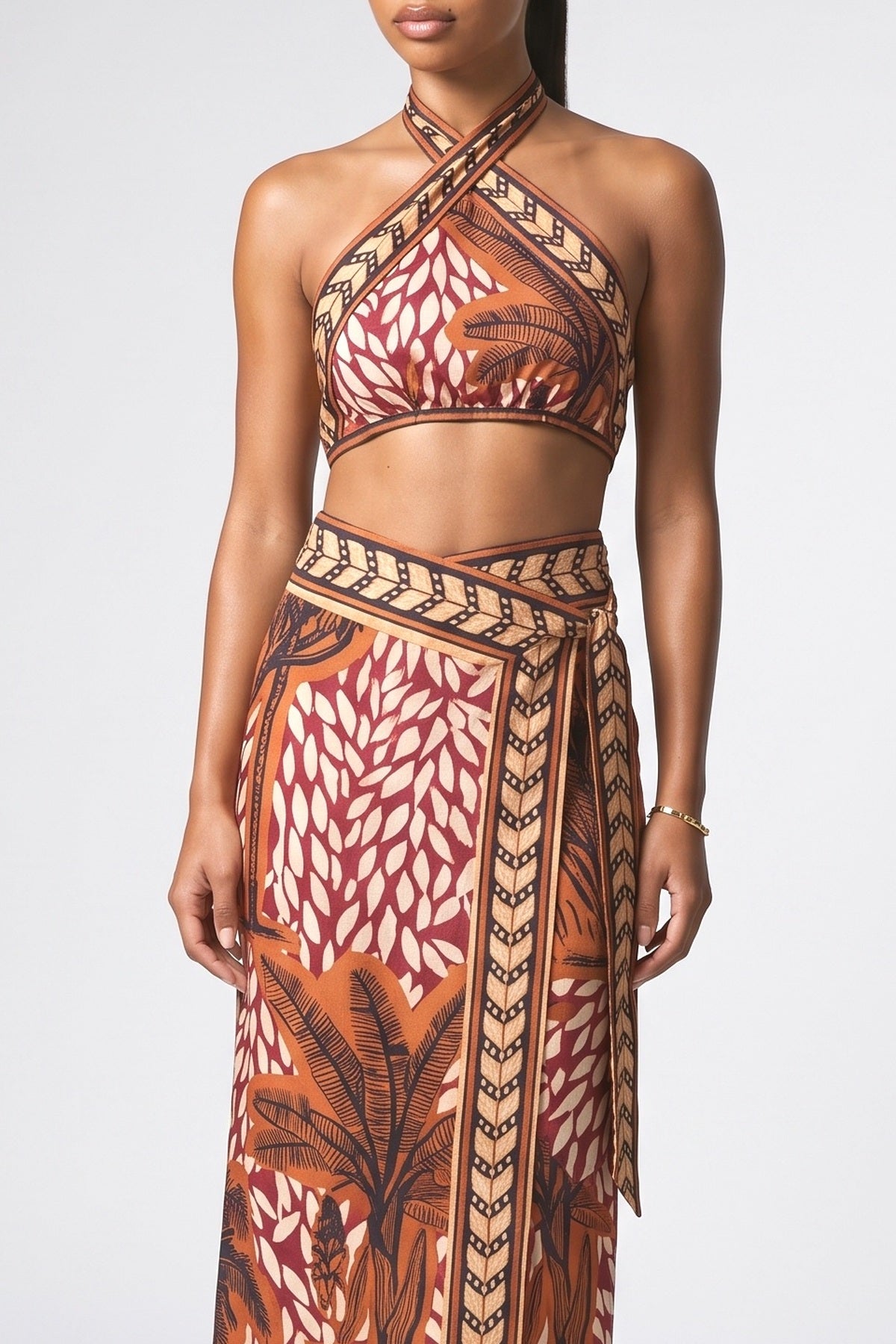 Brown Print Halter Neck Outfit Set, fabric detail