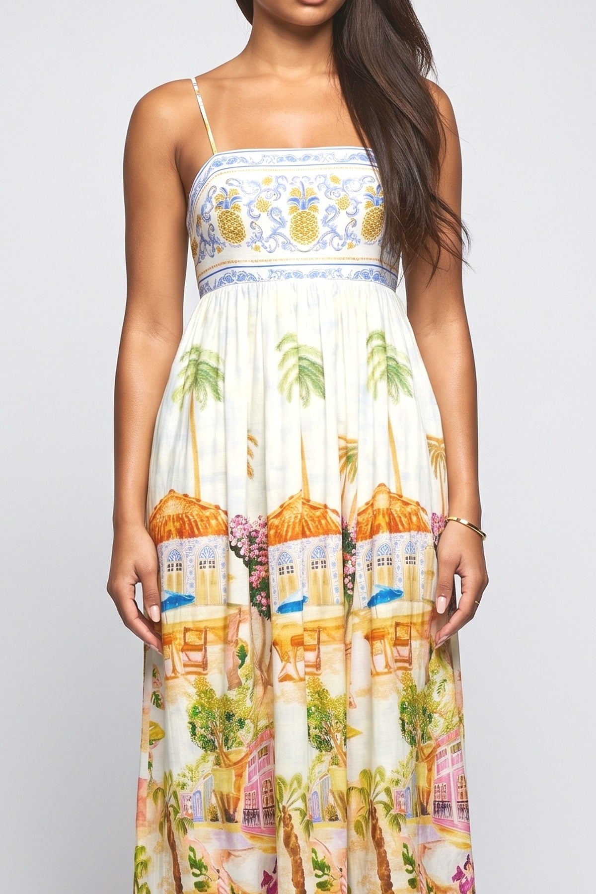 Holiday Painted Print Sling Maxi Dress, fabric detail