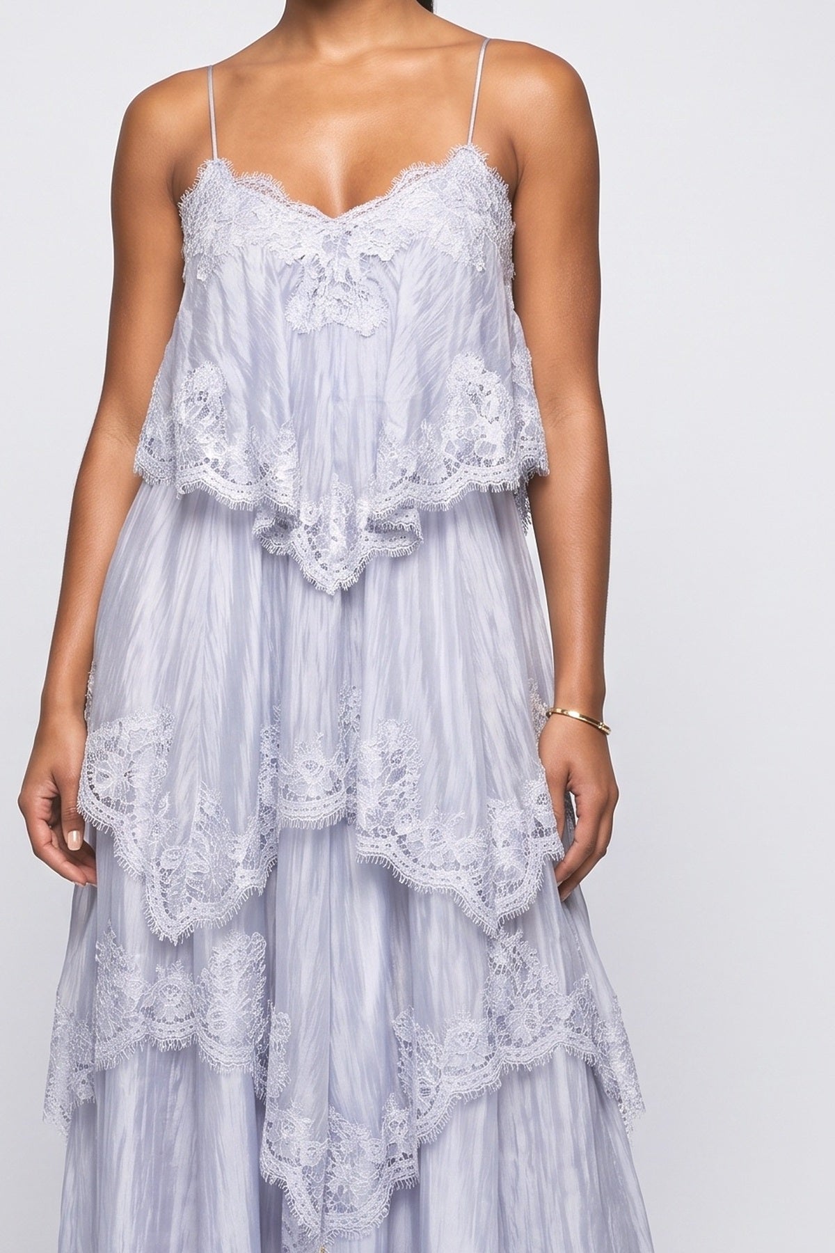 Layered Lace-Trim Spaghetti Strap Maxi Dress, fabric detail
