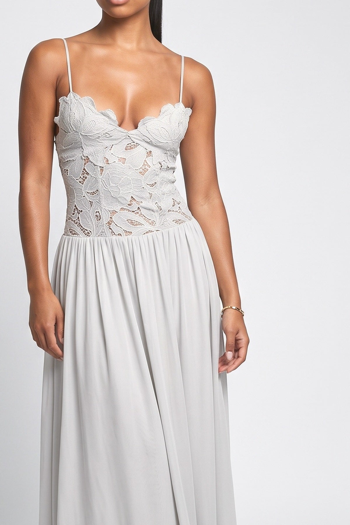Yellow Floral Lace Strappy Maxi Dress, fabric detail