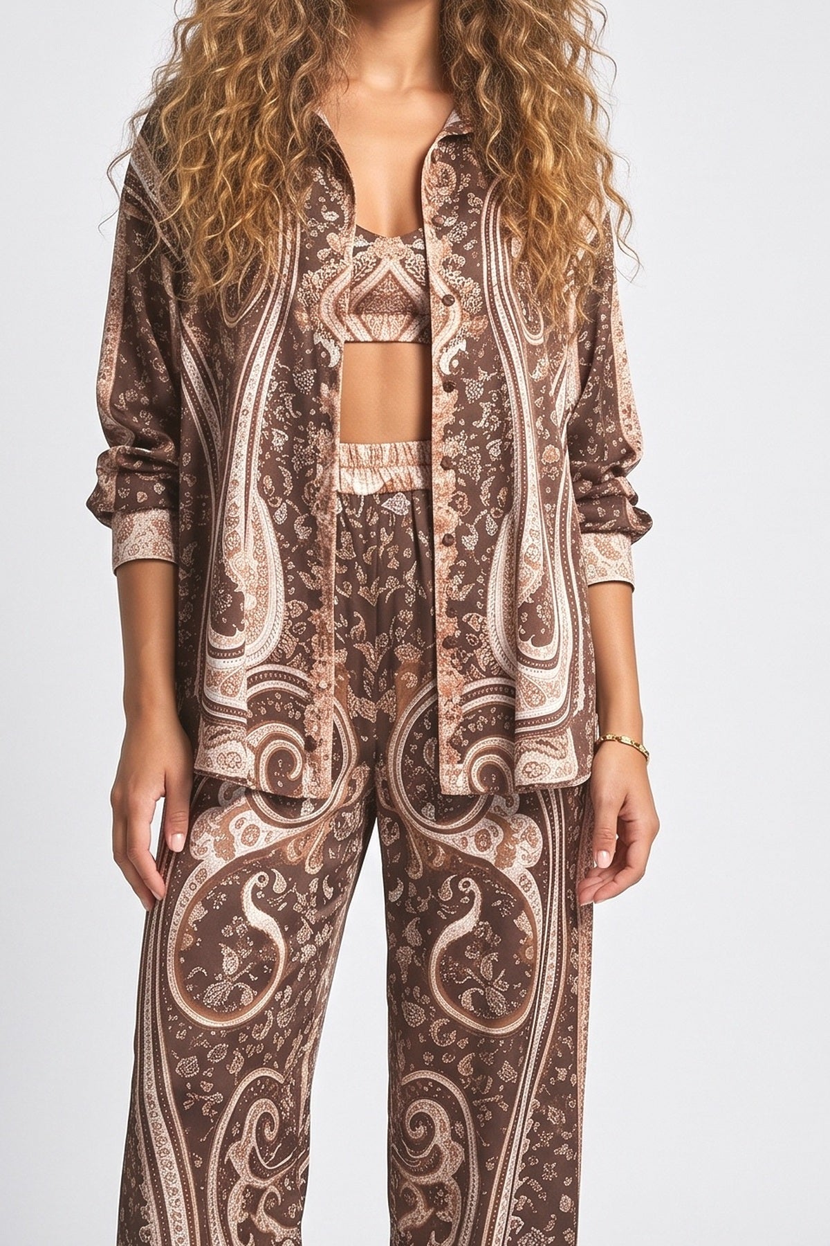 Brown Paisley Satin Outfit Set, fabric detail