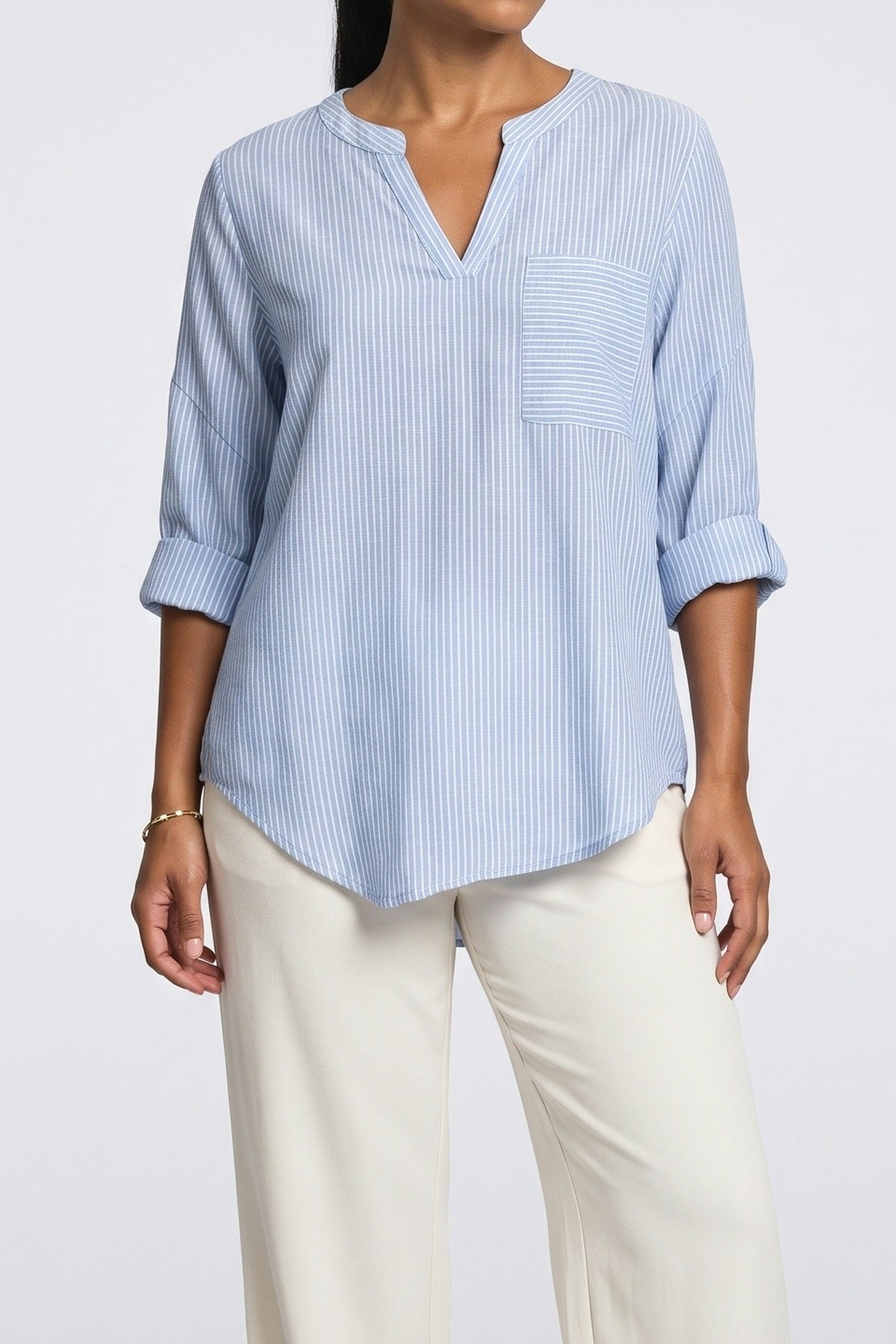 V-Neck Striped Asymmetric Blouse, fabric detail