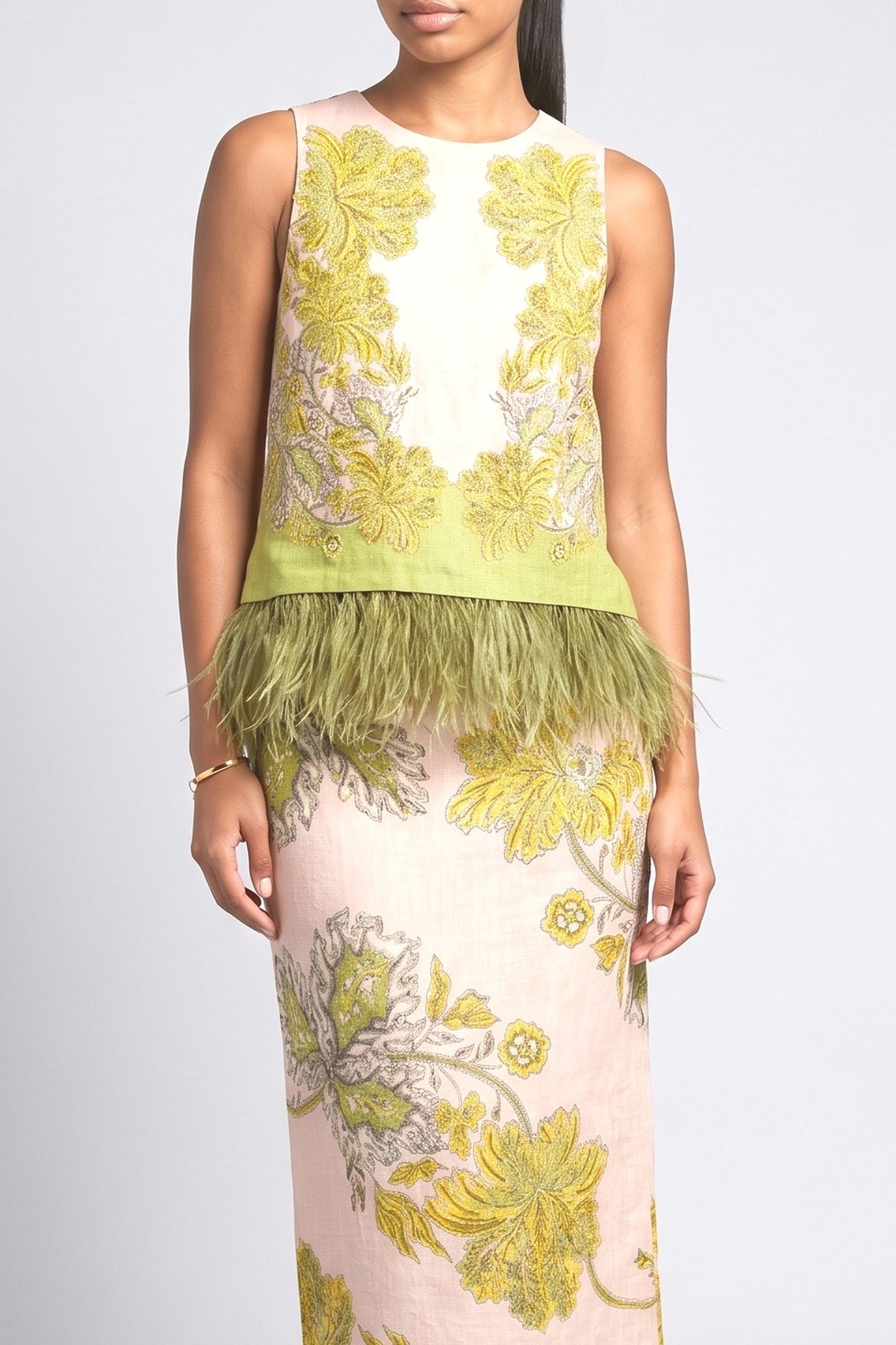 Multicolor Feather Trim Outfit Set, fabric detail