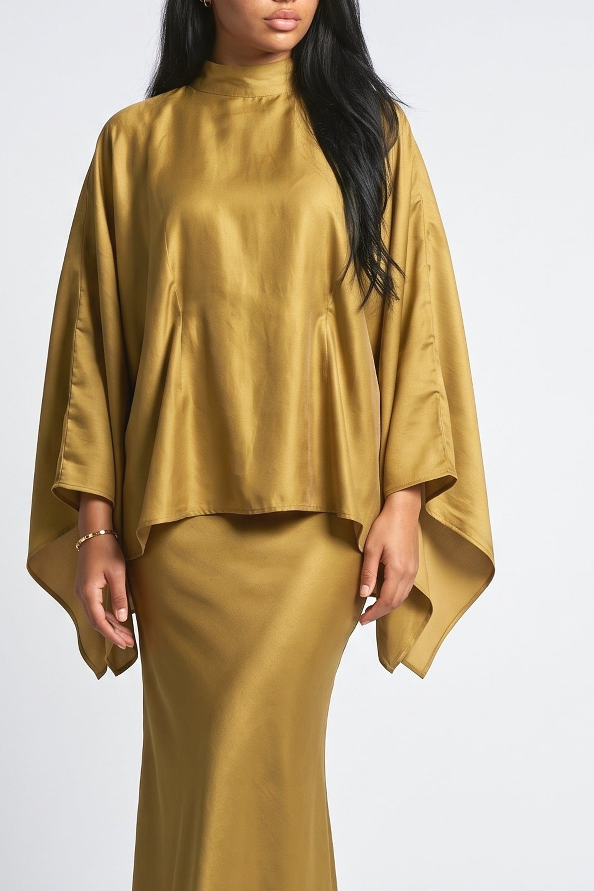 Gold Satin Batwing Sleeve Mermaid Outfit Set, fabric detail