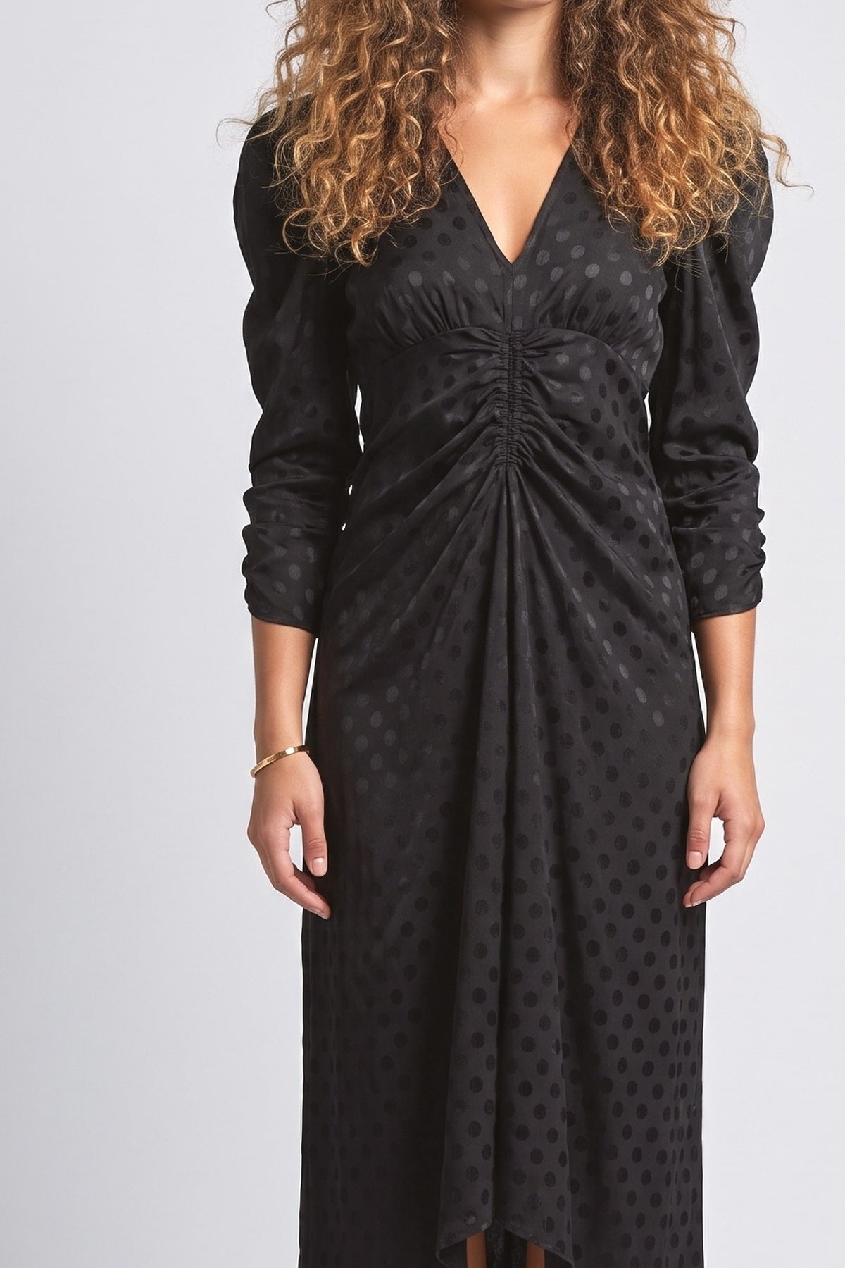 Black Polka Dot Satin Ruched Midi Dress, fabric detail