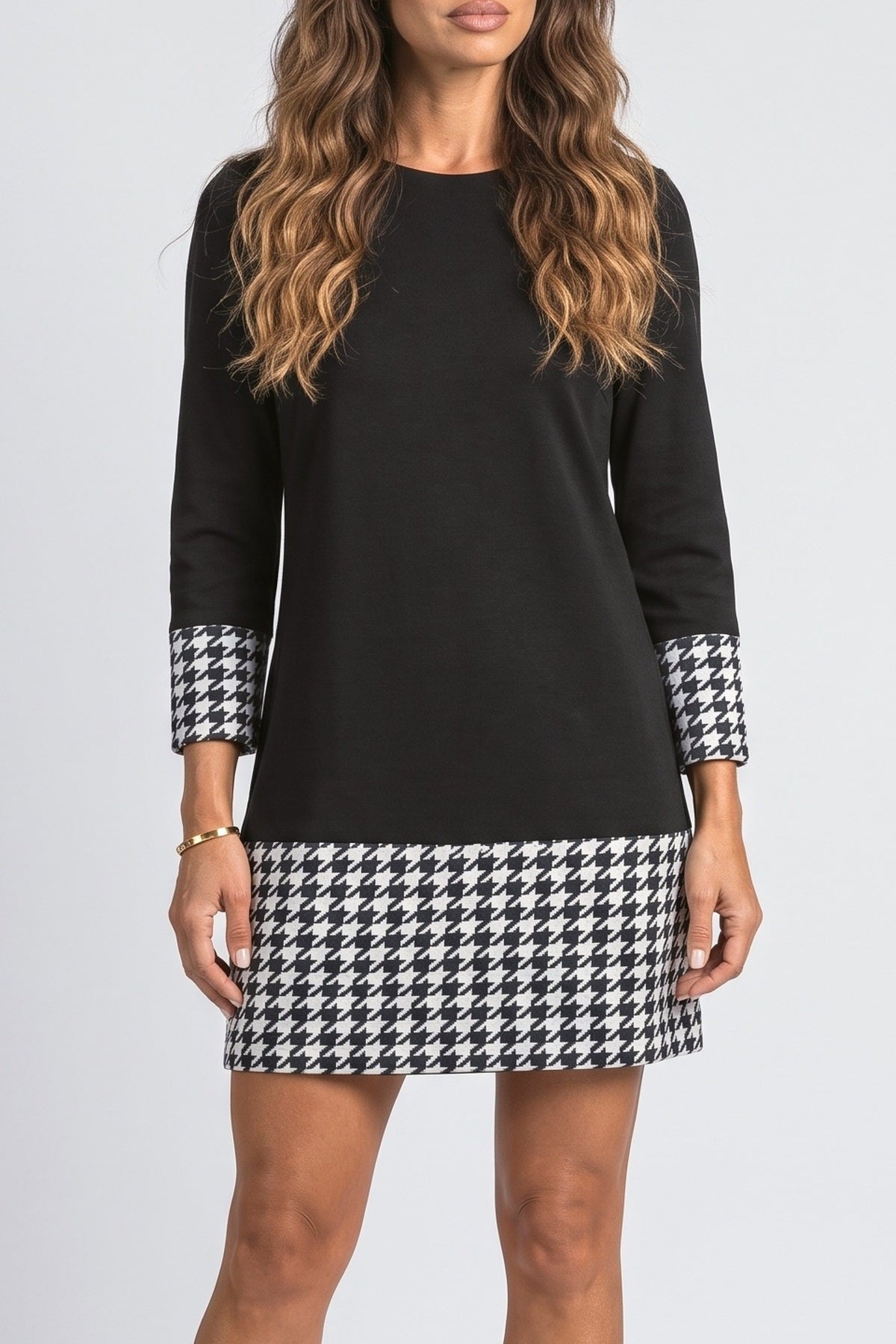Black Plaid A-Line Long Sleeve Dress, fabric detail