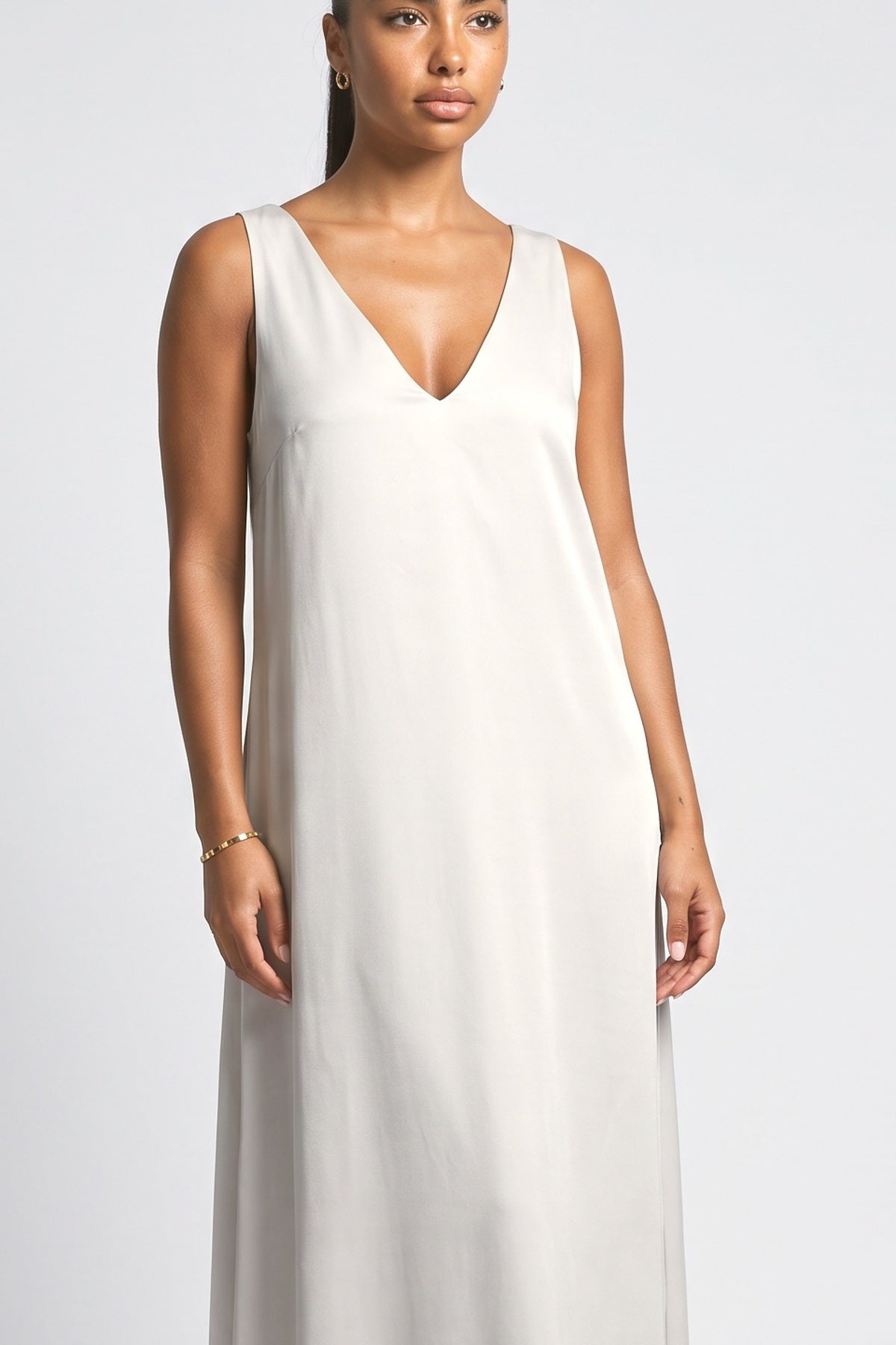 White V-Neck Sleeveless Maxi Dress, fabric detail