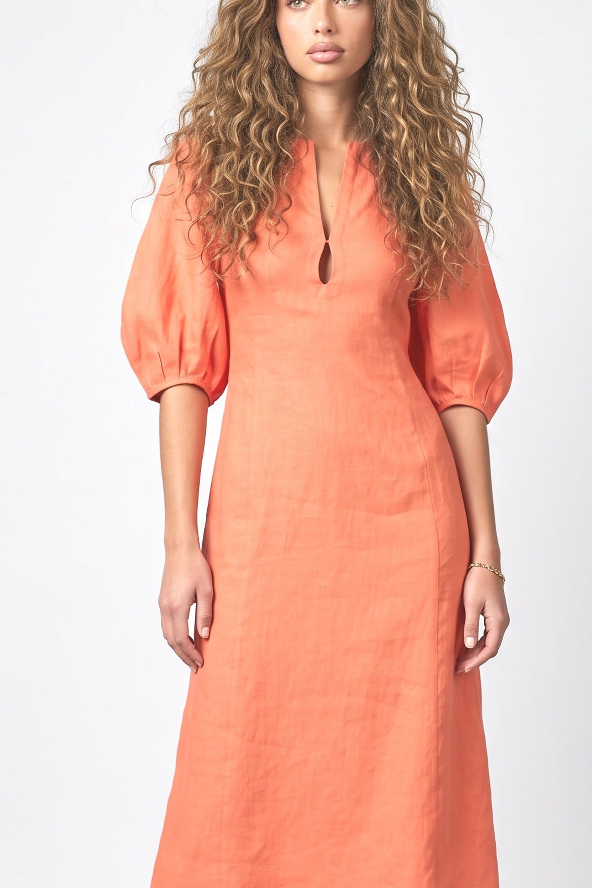 Orange Puff Sleeve A-Line Midi Dress, fabric detail