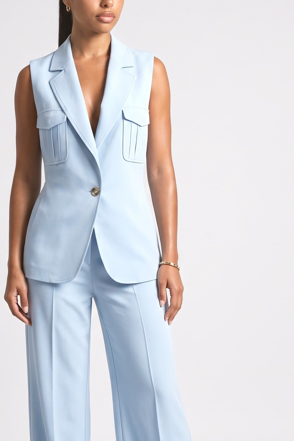 Sleeveless Blazer & Wide-Leg Pants Two-Piece Set, fabric detail