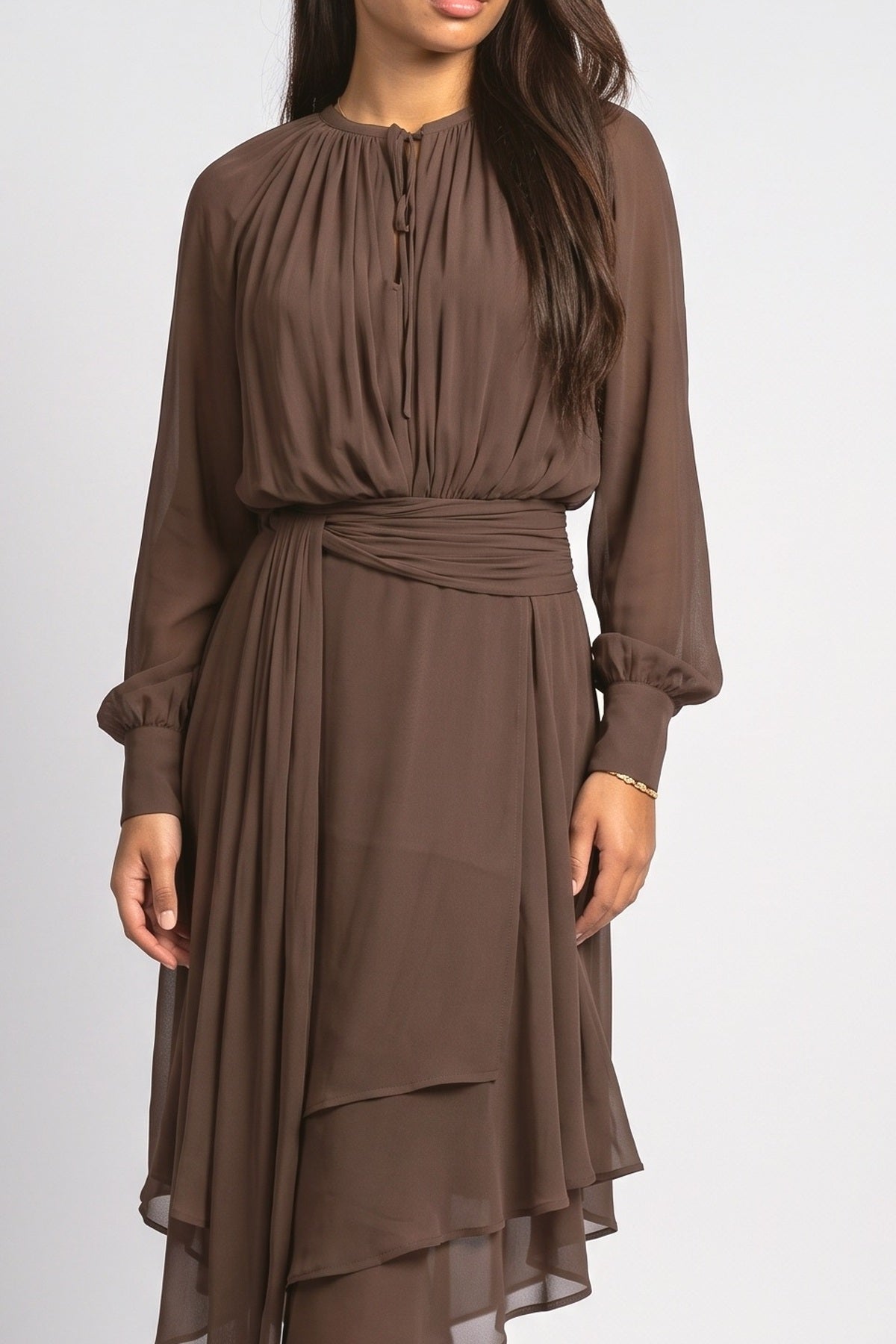 Chiffon Long Sleeve Asymmetric Midi Dress, fabric detail