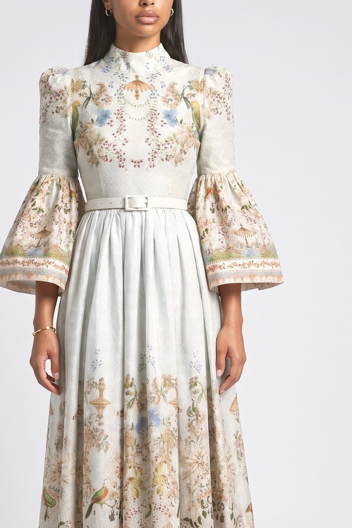 Garden Print Flared Sleeve Midi Dress, fabric detail