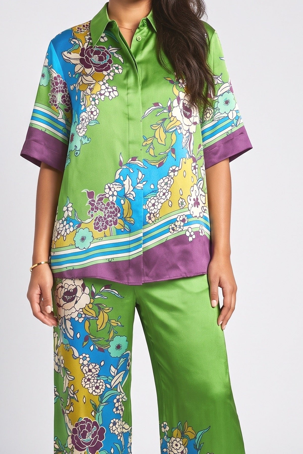 Colorful Floral Print Satin Two-Piece Set, fabric detail