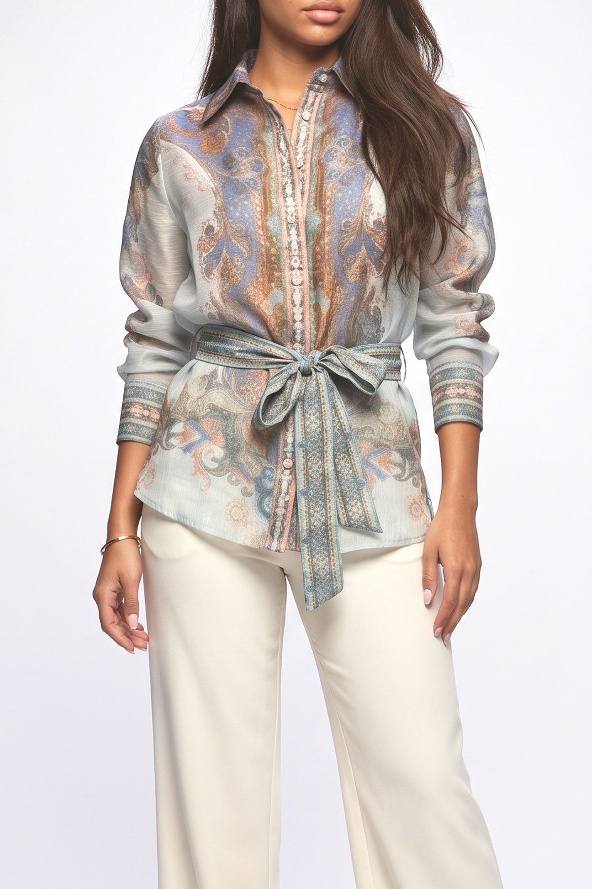 Inspired Paisley Pattern Button-Up Blouse, fabric detail