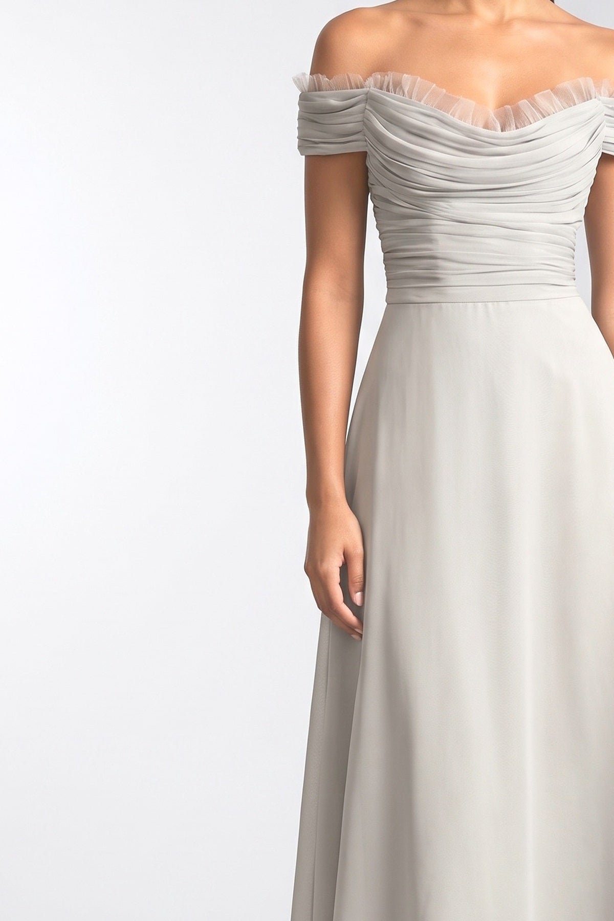 Purple Chiffon Off-Shoulder Sleeveless A-Line Midi Dress, fabric detail