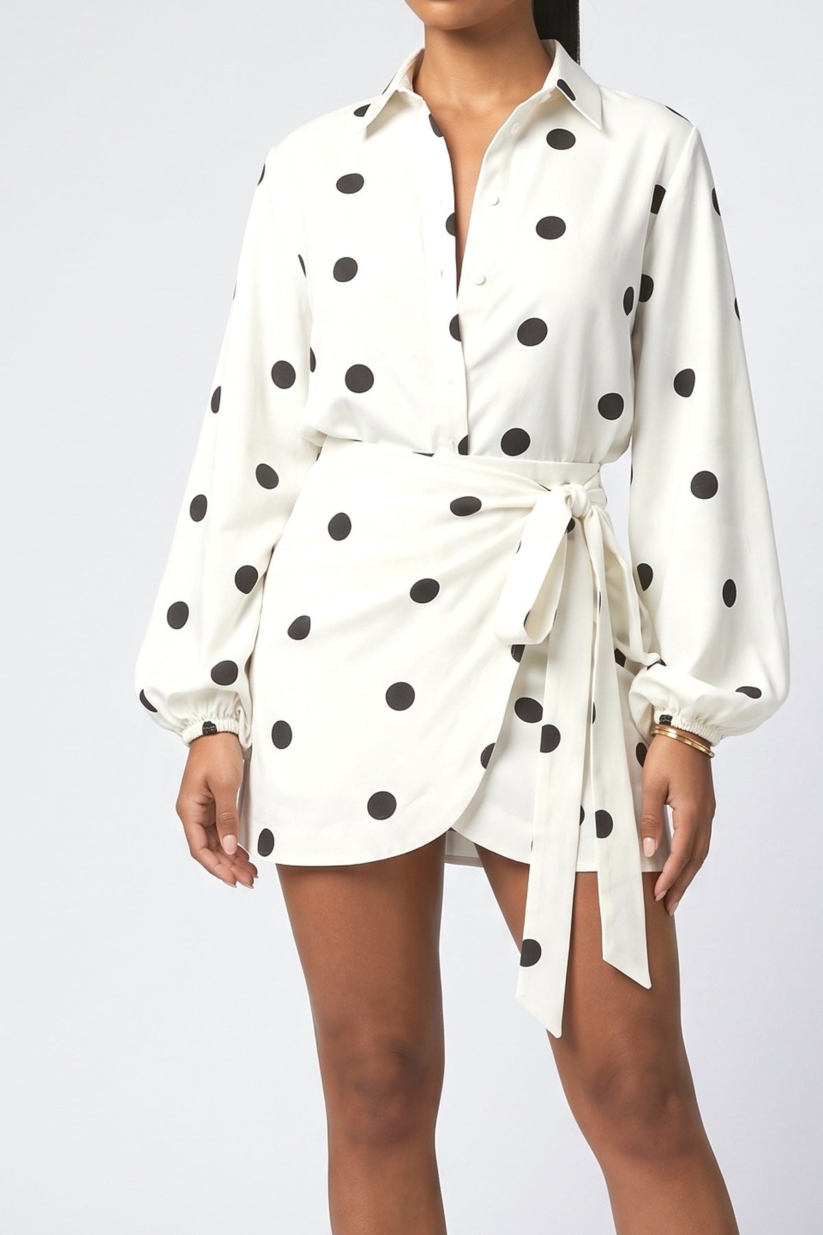 White Polka Dot Wrap Outfit Set, fabric detail