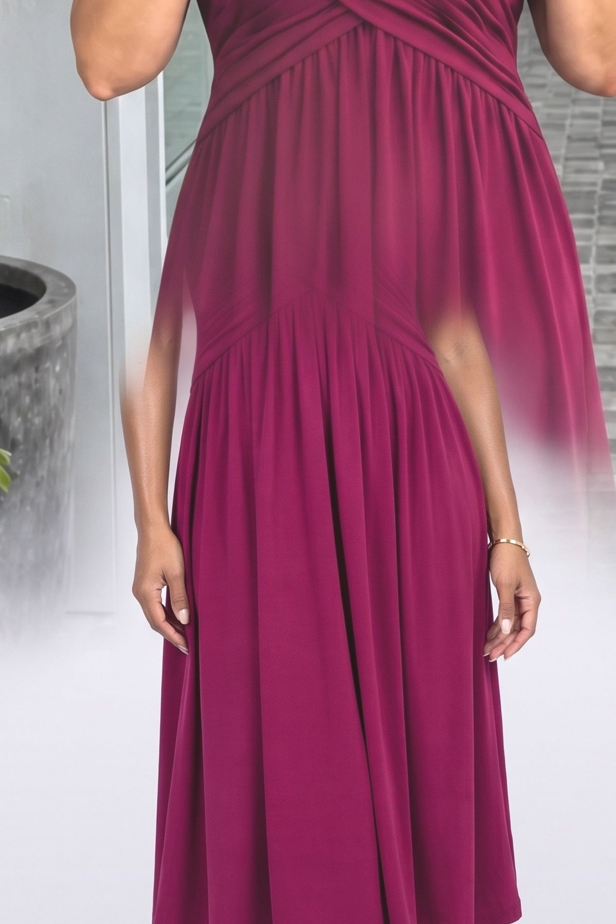 V-Neck Pleated Midi Dress, fabric detail