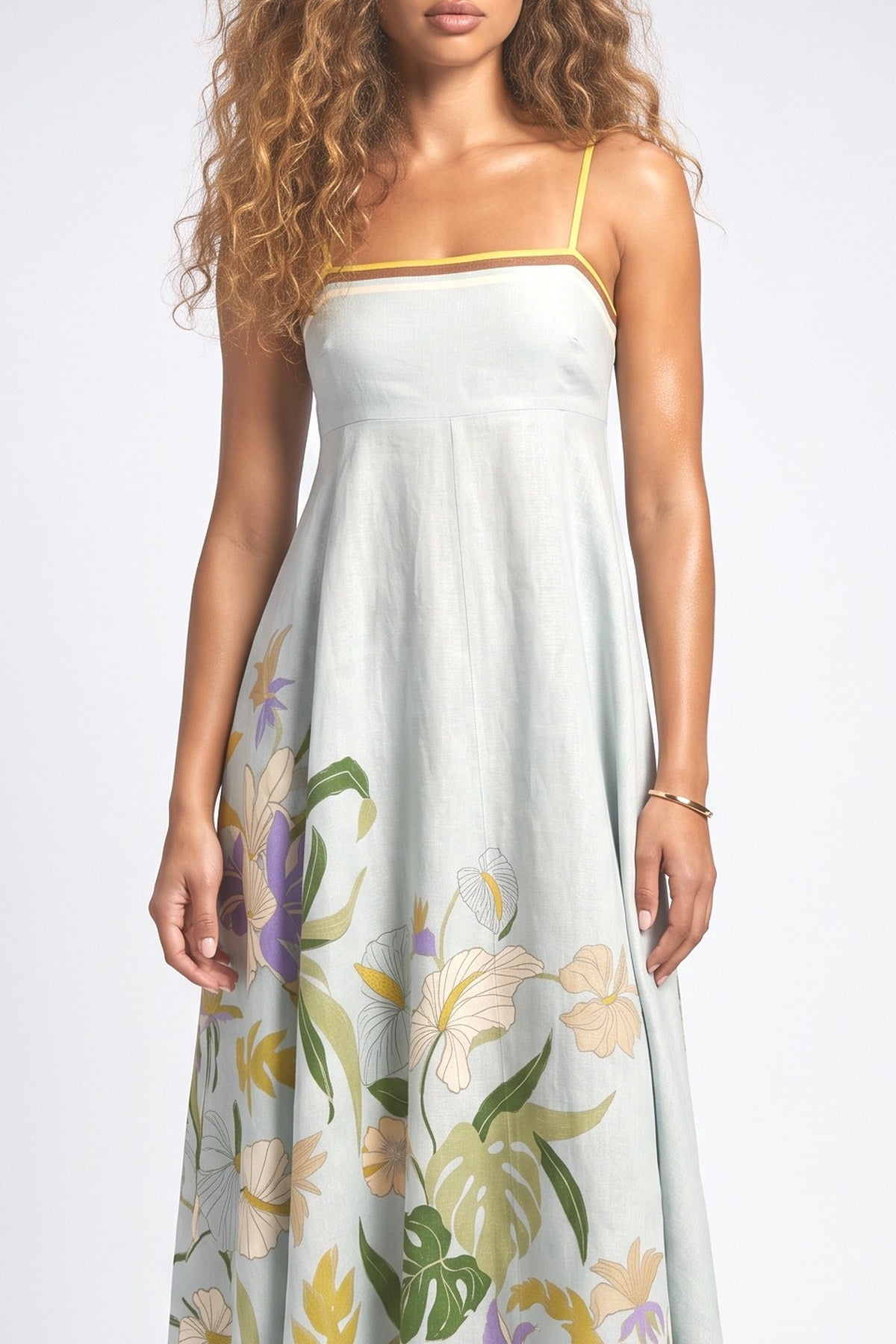 Blue Floral Linen Midi Dress, fabric detail
