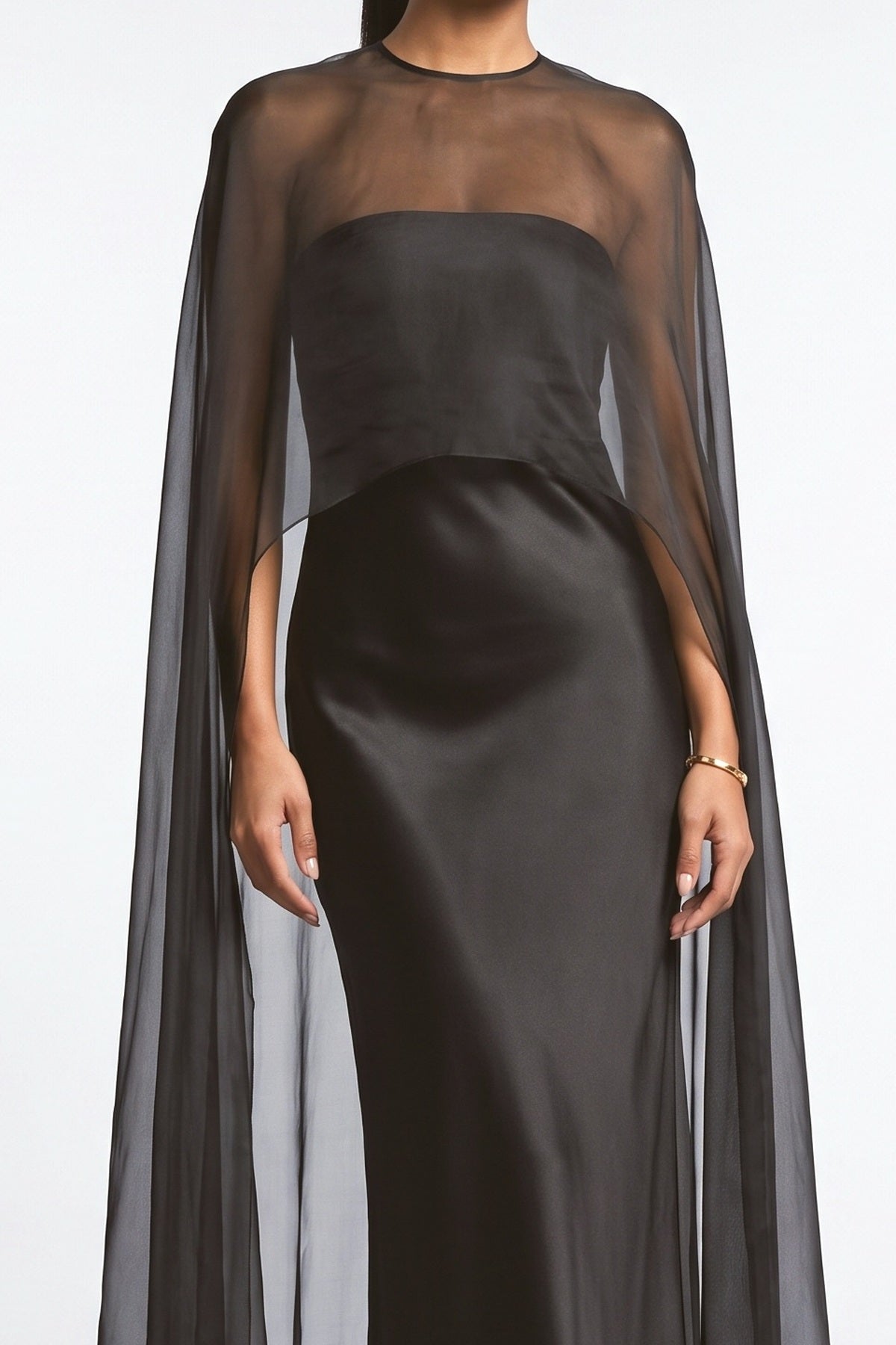 Sheer Cape Overlay Satin Maxi Dress, fabric detail