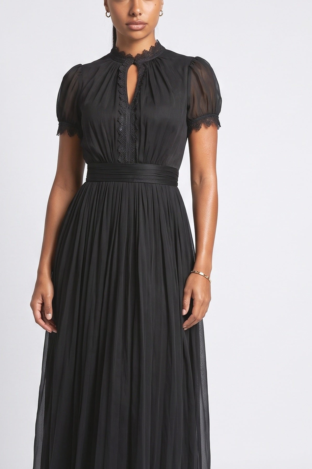 Lace Trim Pleated Chiffon Maxi Dress, fabric detail