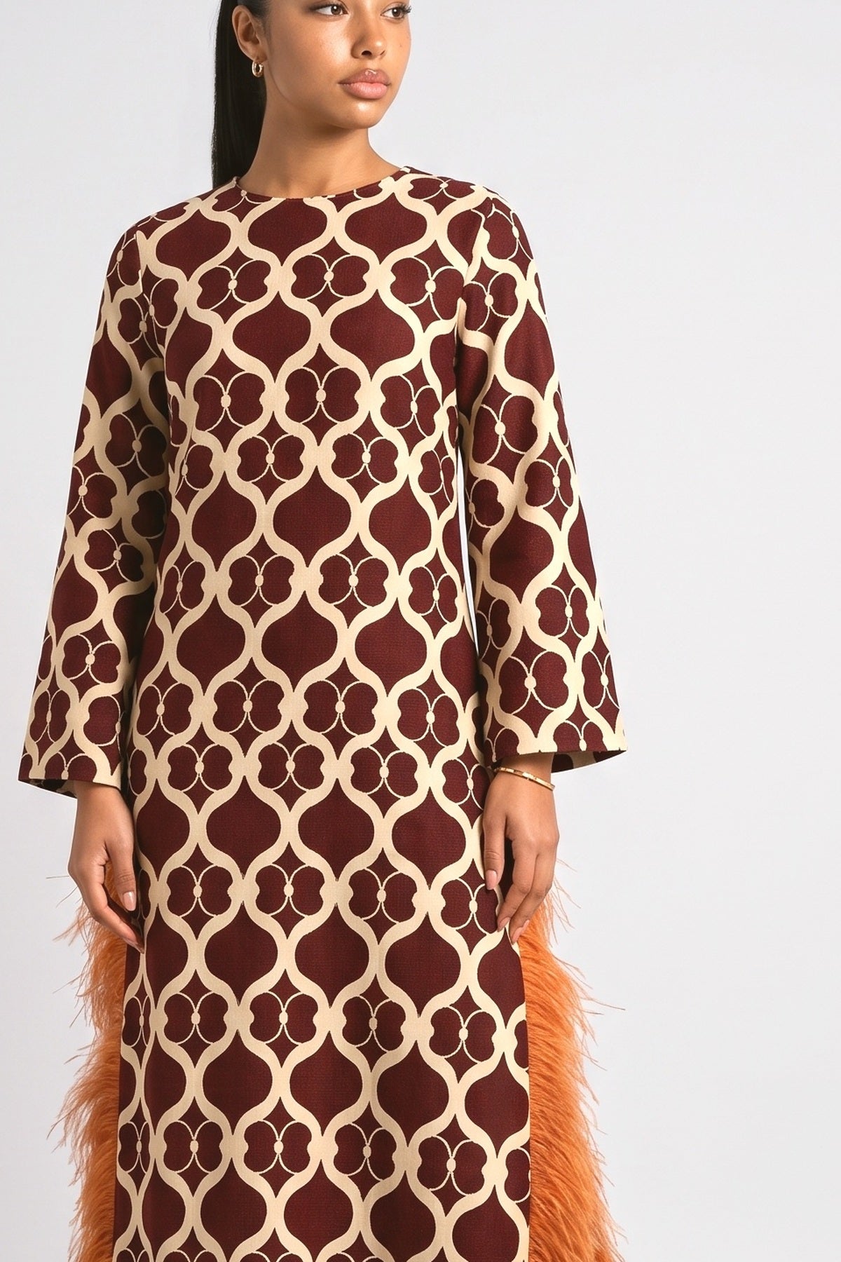 Brown Print Feather Trim Maxi Dress, fabric detail
