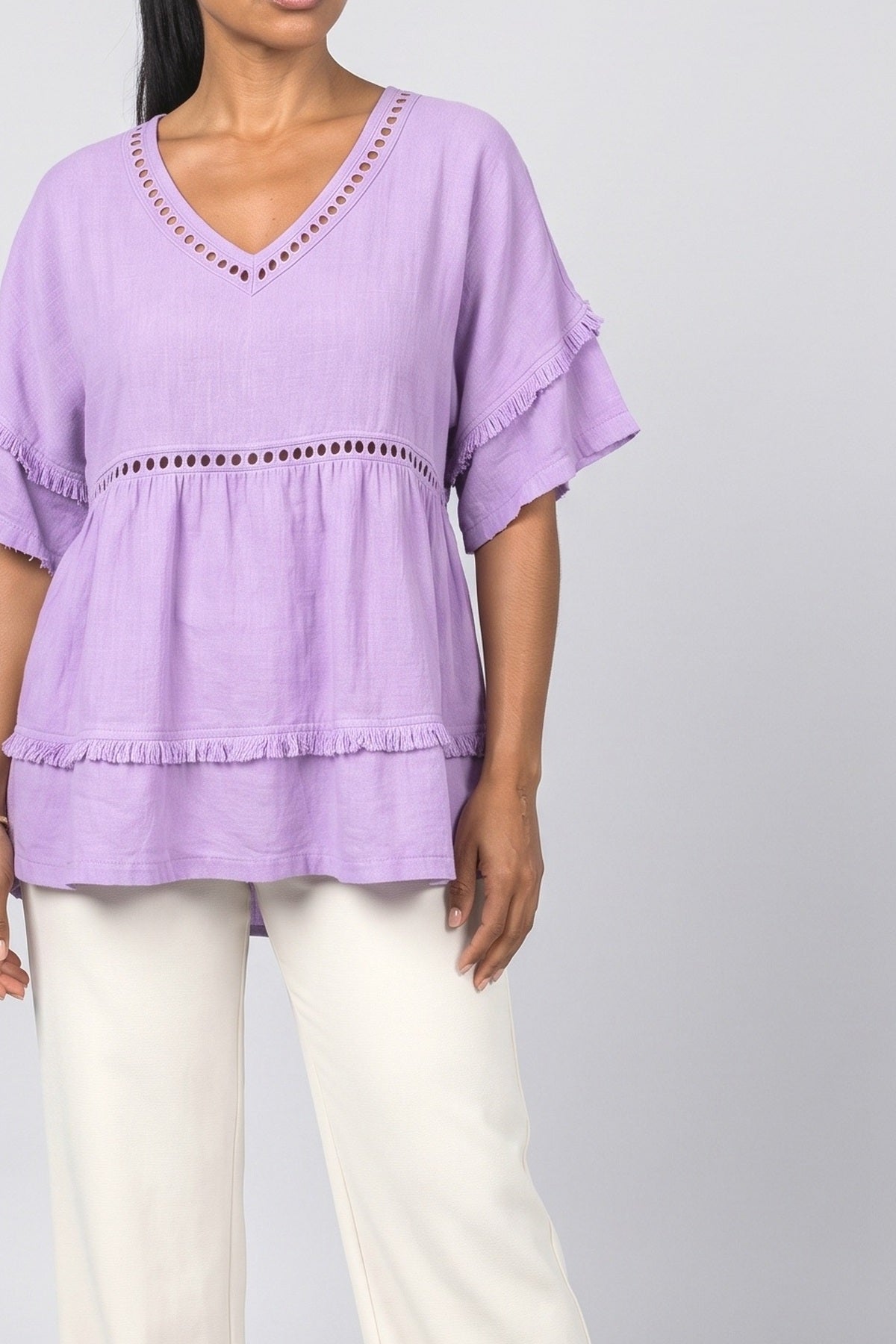 V-Neck Fringe Blouse, fabric detail