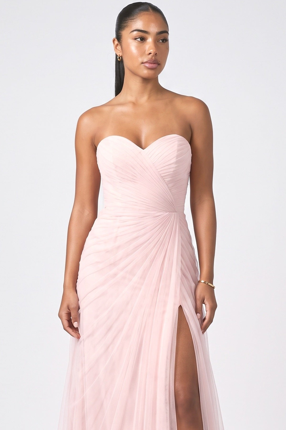 Pink Tulle Strapless Pleated Maxi Dress, fabric detail