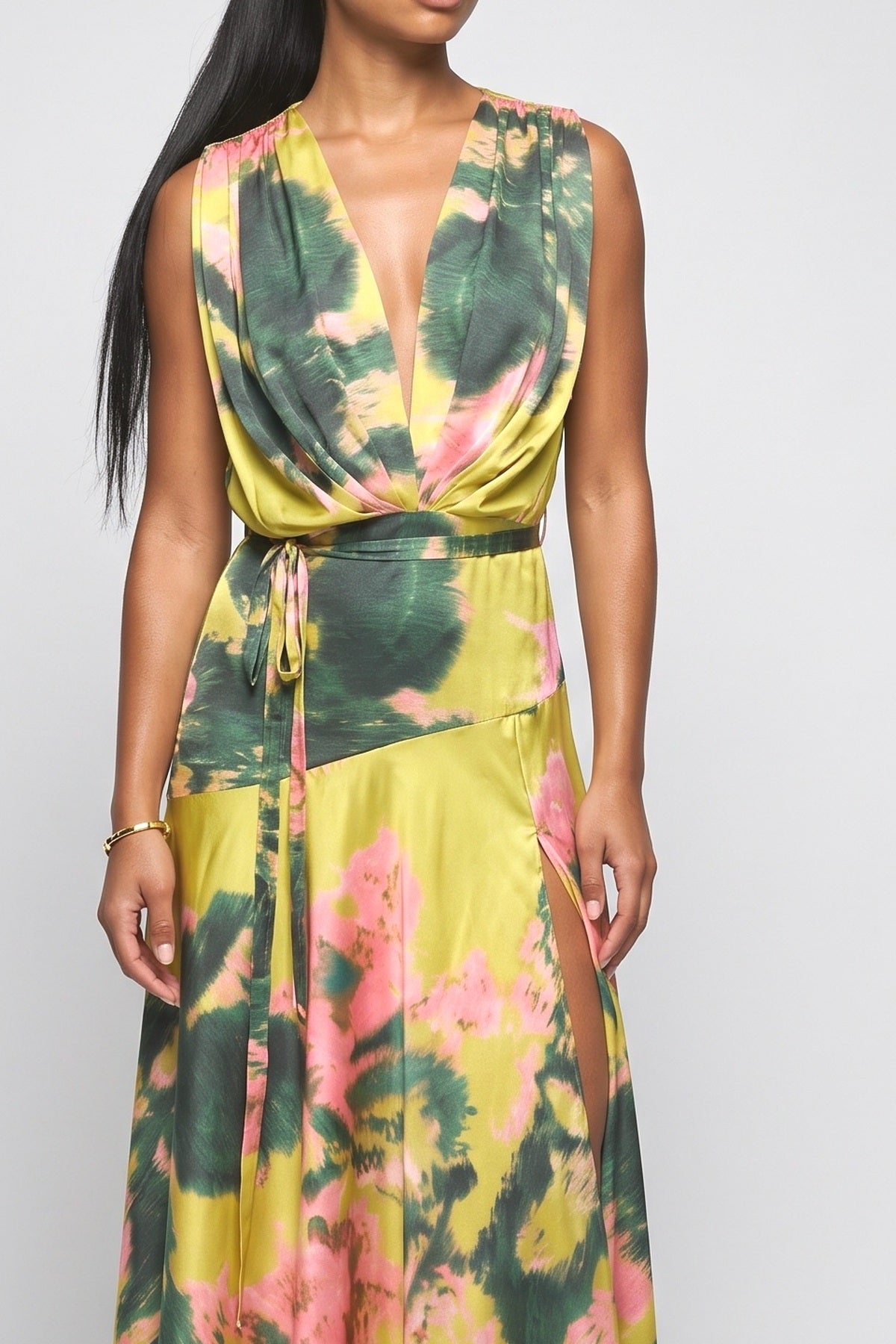 Multicolor Floral Wrap Maxi Dress, fabric detail