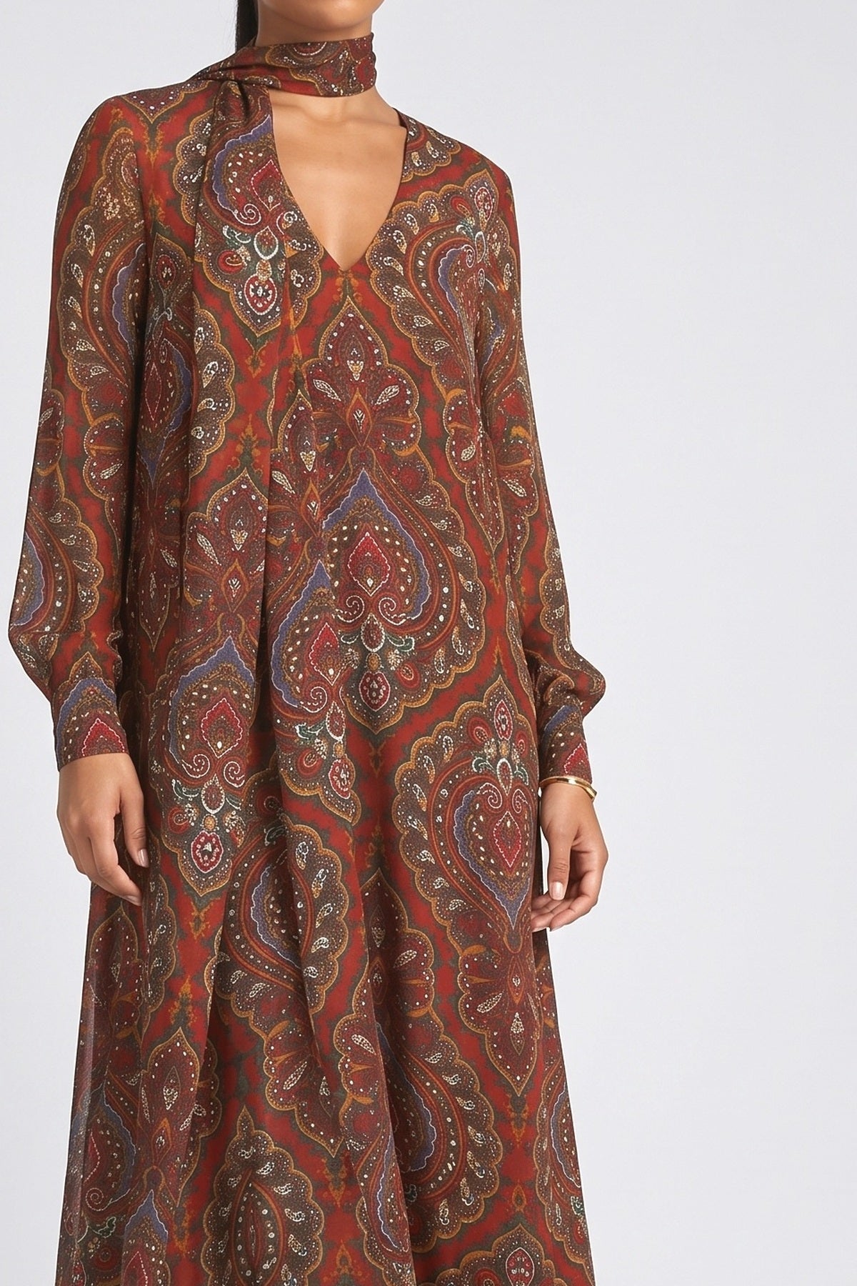 Brown Paisley Maxi Dress, fabric detail