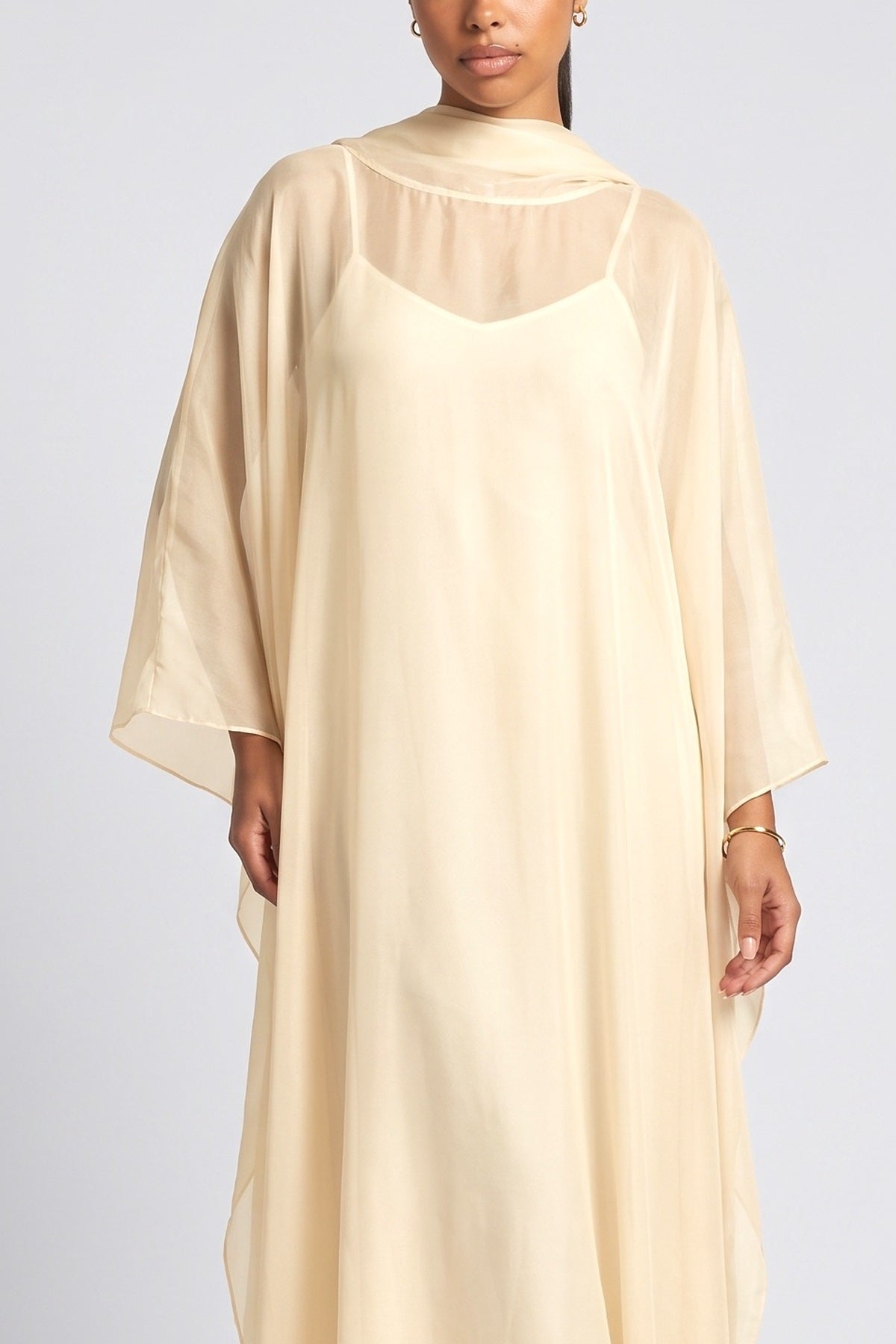 Beige Sheer Cape Maxi Dress, fabric detail