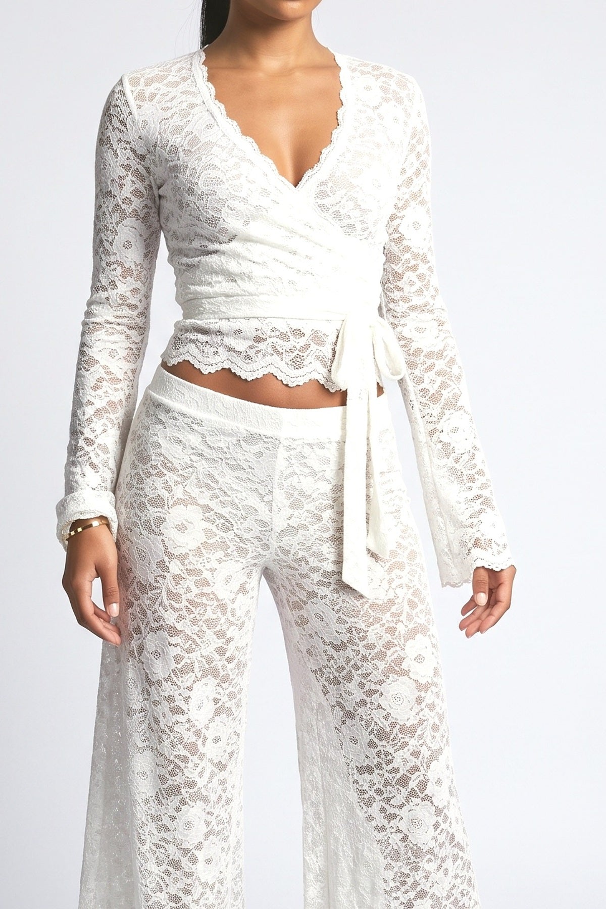 White Lace Wrap Outfit Set, fabric detail